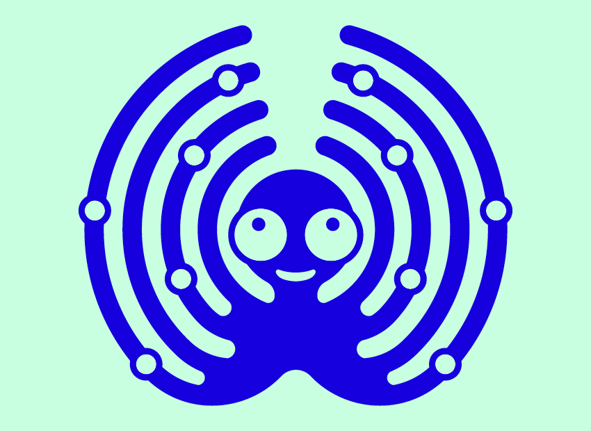 Logo of a bubbly smiling octopus, looking up. Dark blue on a light green background. 
