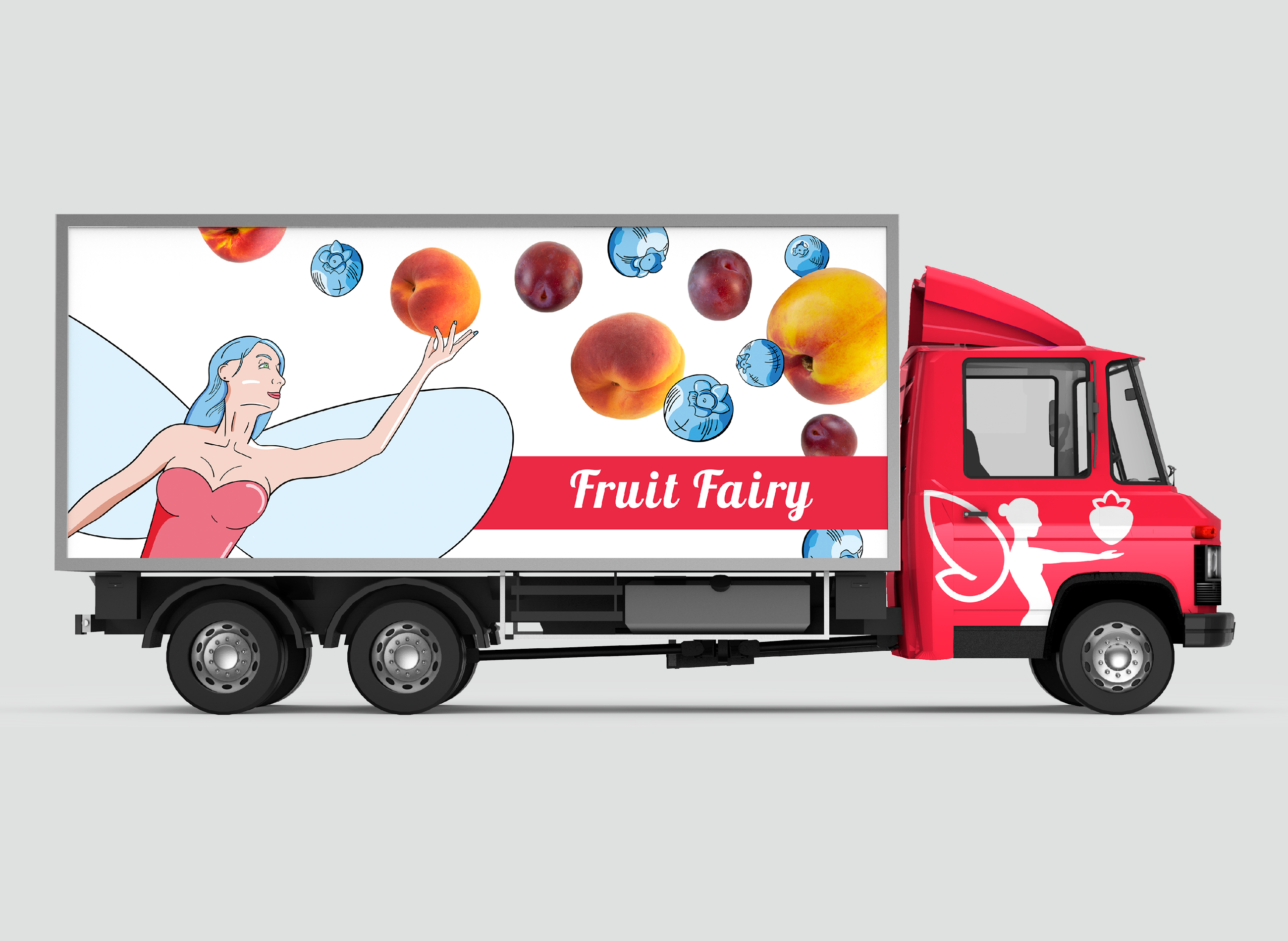 Design of a truck side banner. On the banner is a fairy creating fruit with her hands.