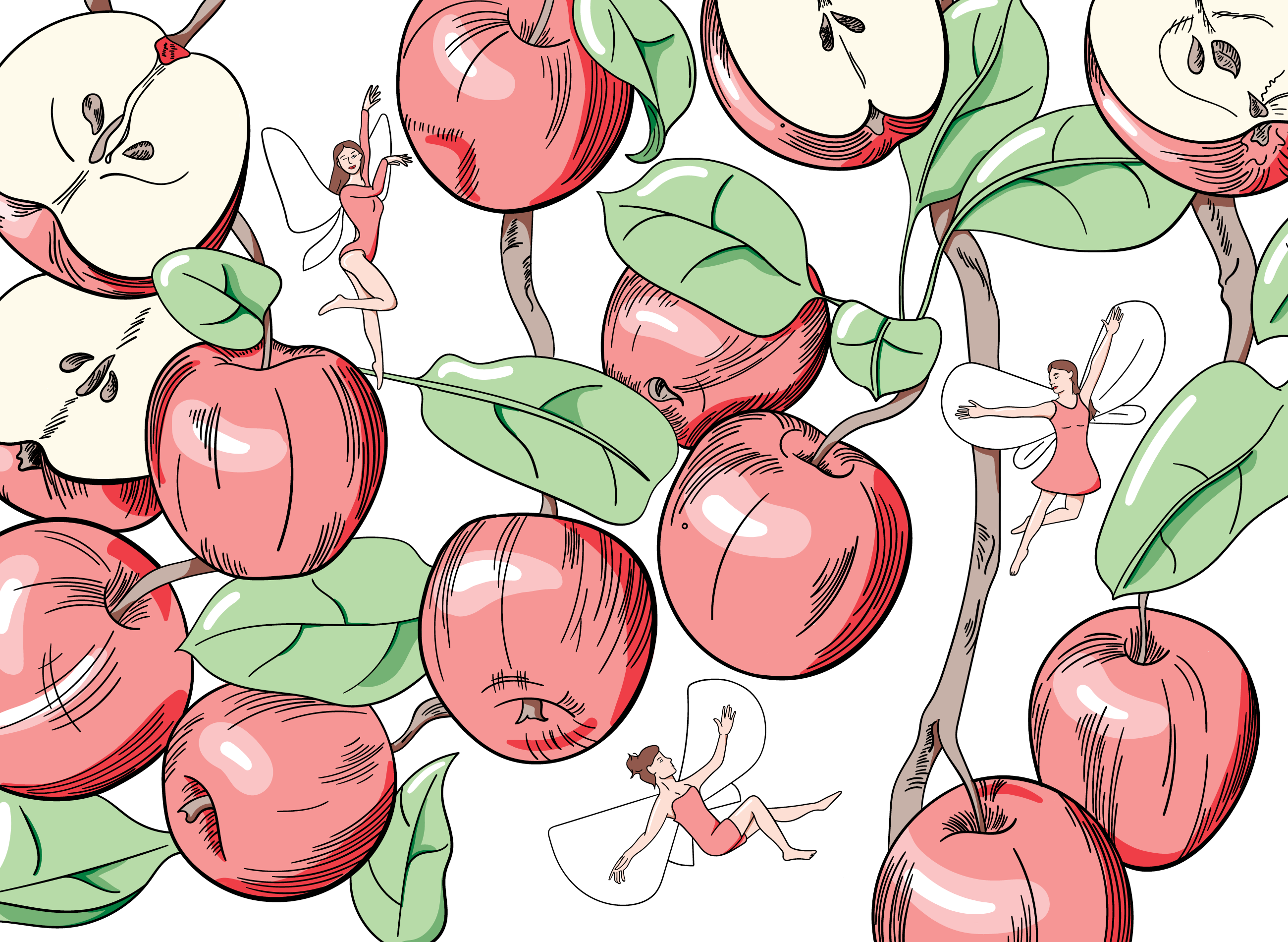 Beautiful line illustrations of red fairies flying between red apples and green leaves. 