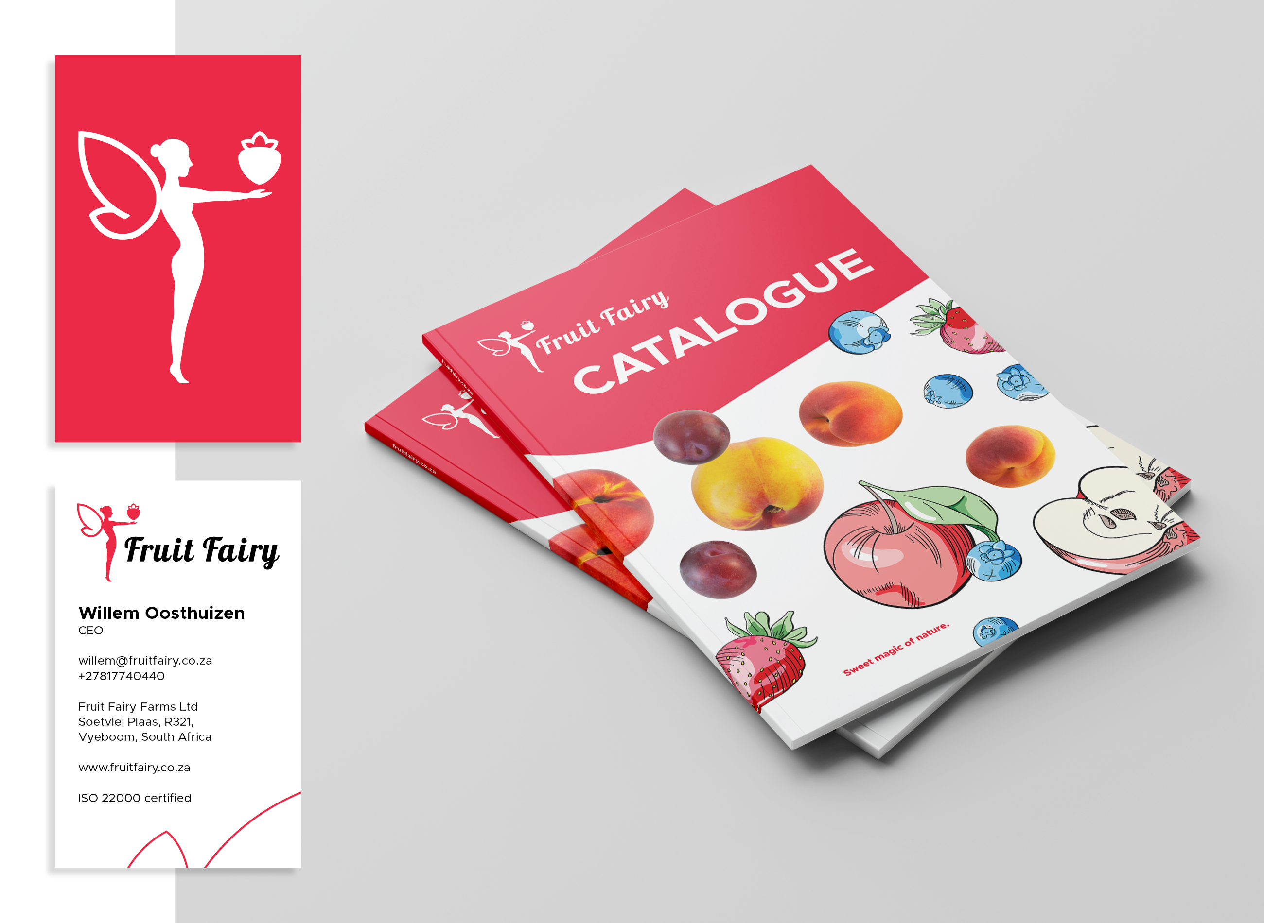 Business cards and catalogue for fruit fairy. Fairy holding fruit logo. Pattern of fruit illustrations and photos. 