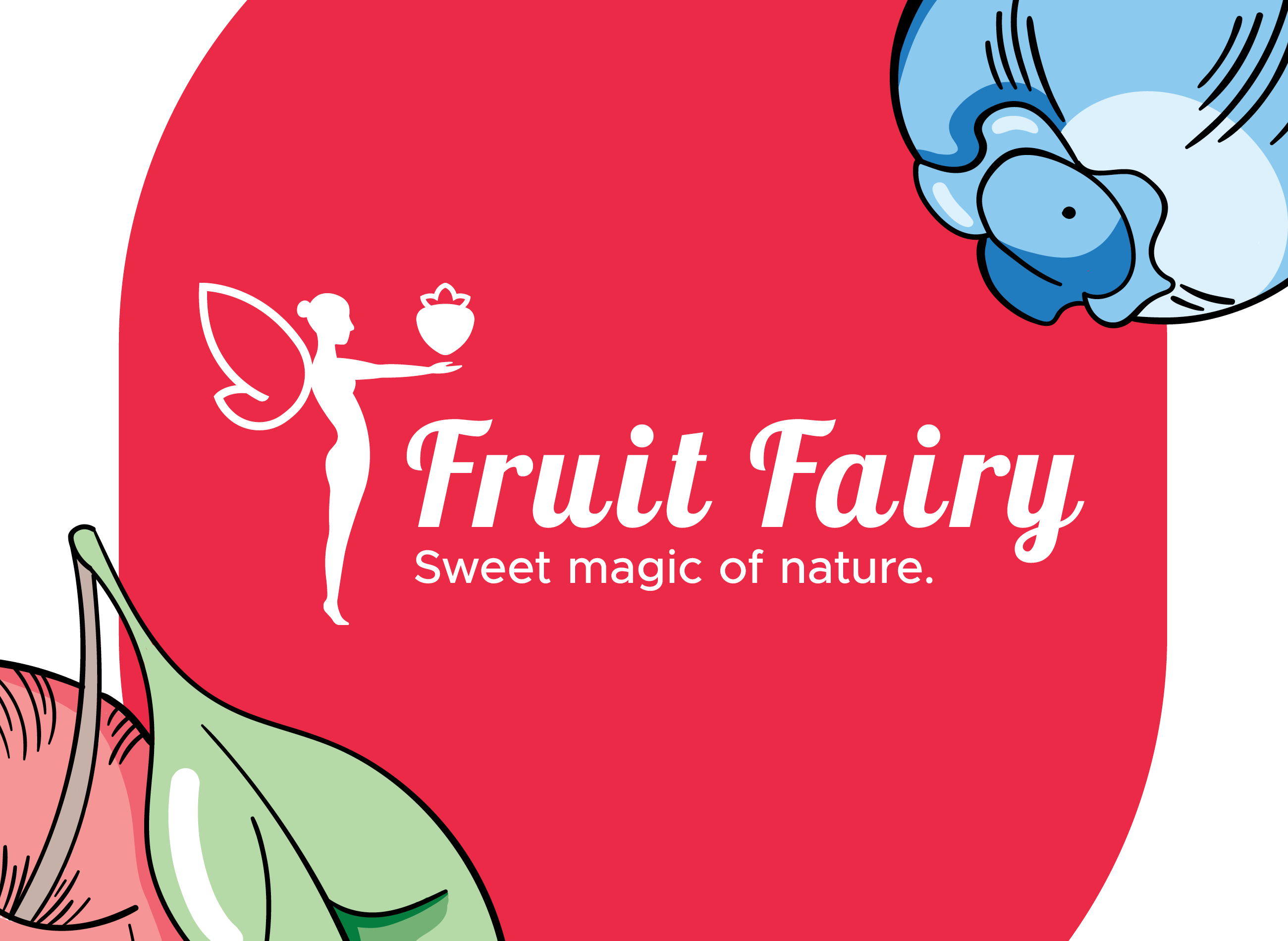 Logo of a fairy holding a fruit on a red background with fruit illustrations around it. 