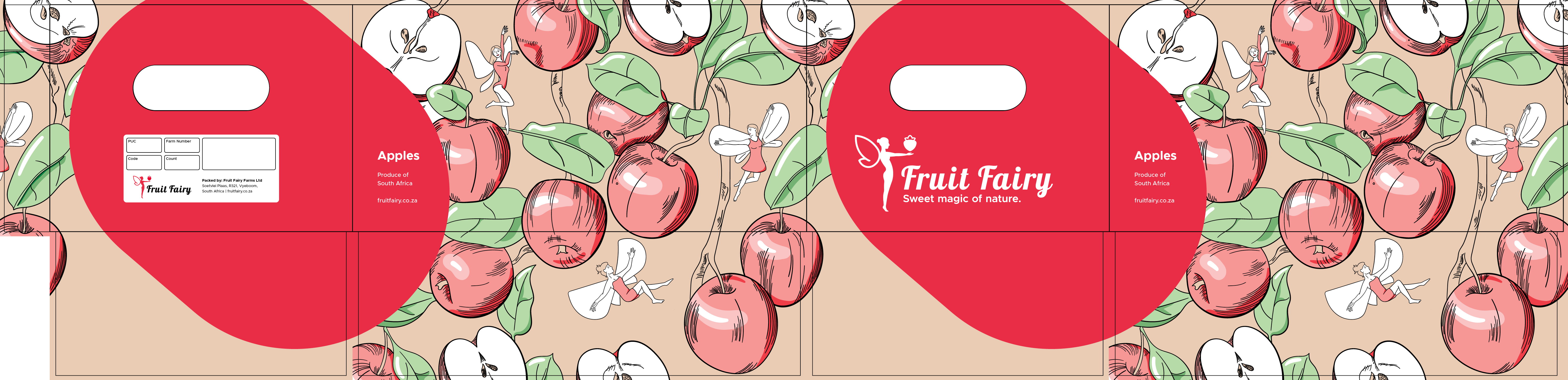Design af apple box packaging  for Fruit Fairy Farms with illustrations of red fairies flying between red apples and green leaves on it as wel as a logo of a fairy holding a fruit. 