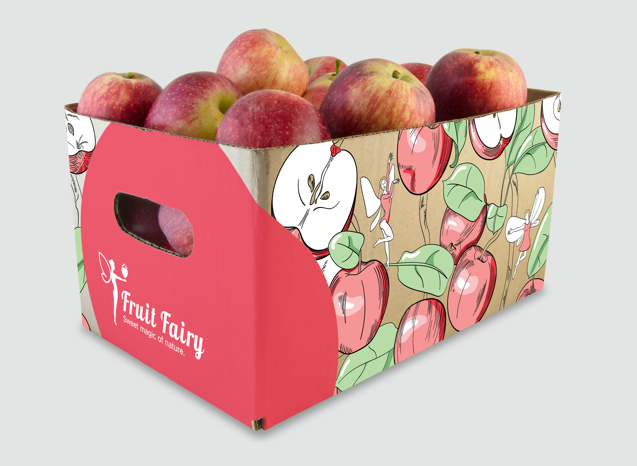 A branded apple box filled with red apples. On the box is the Fruit Fairy logo and beautiful illustrations of red apples and fairies. Created by hamerkop.studio a graphic design studio.