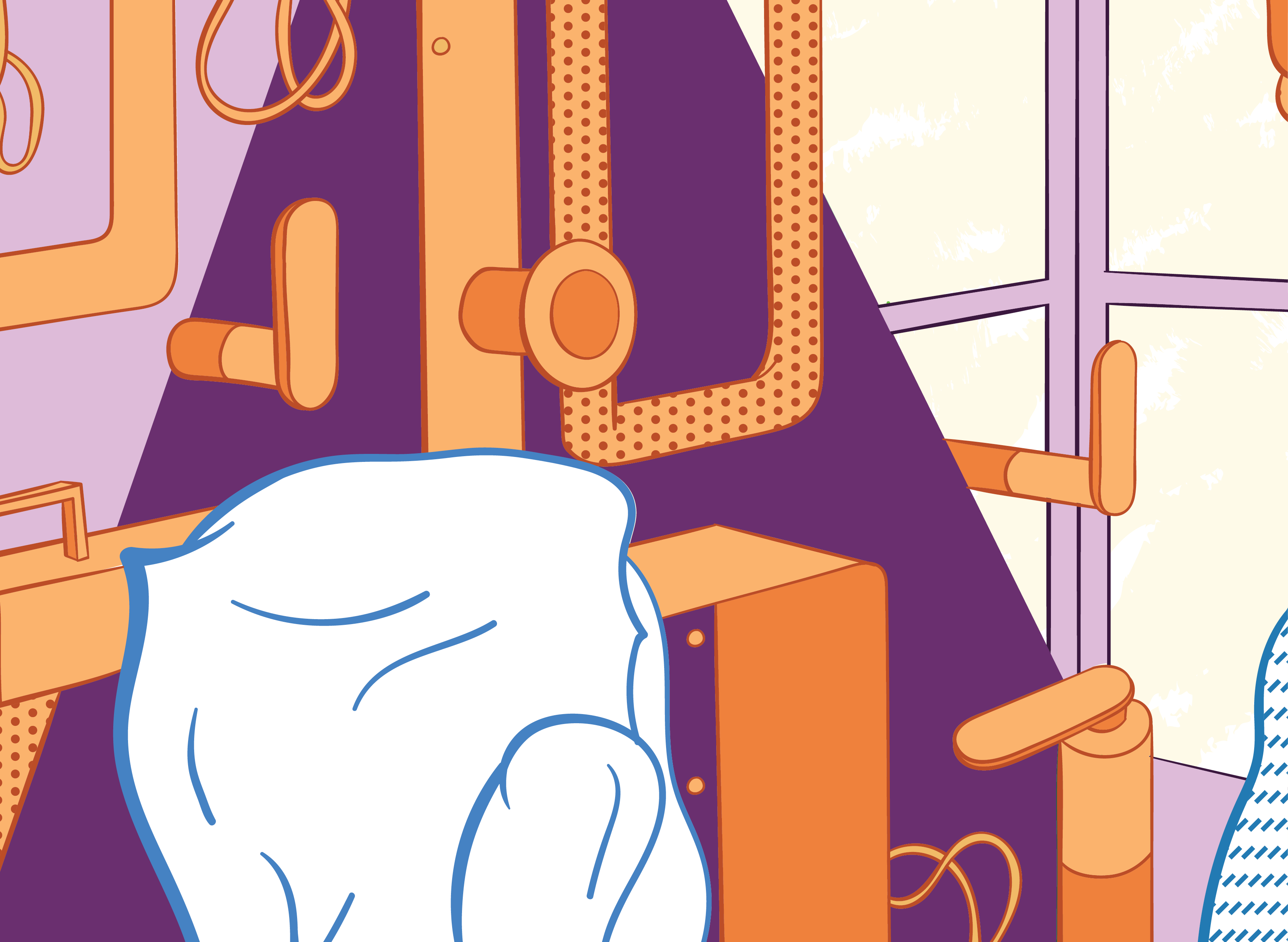 Colourful illustration of back of head of young man in a steam train cockpint.