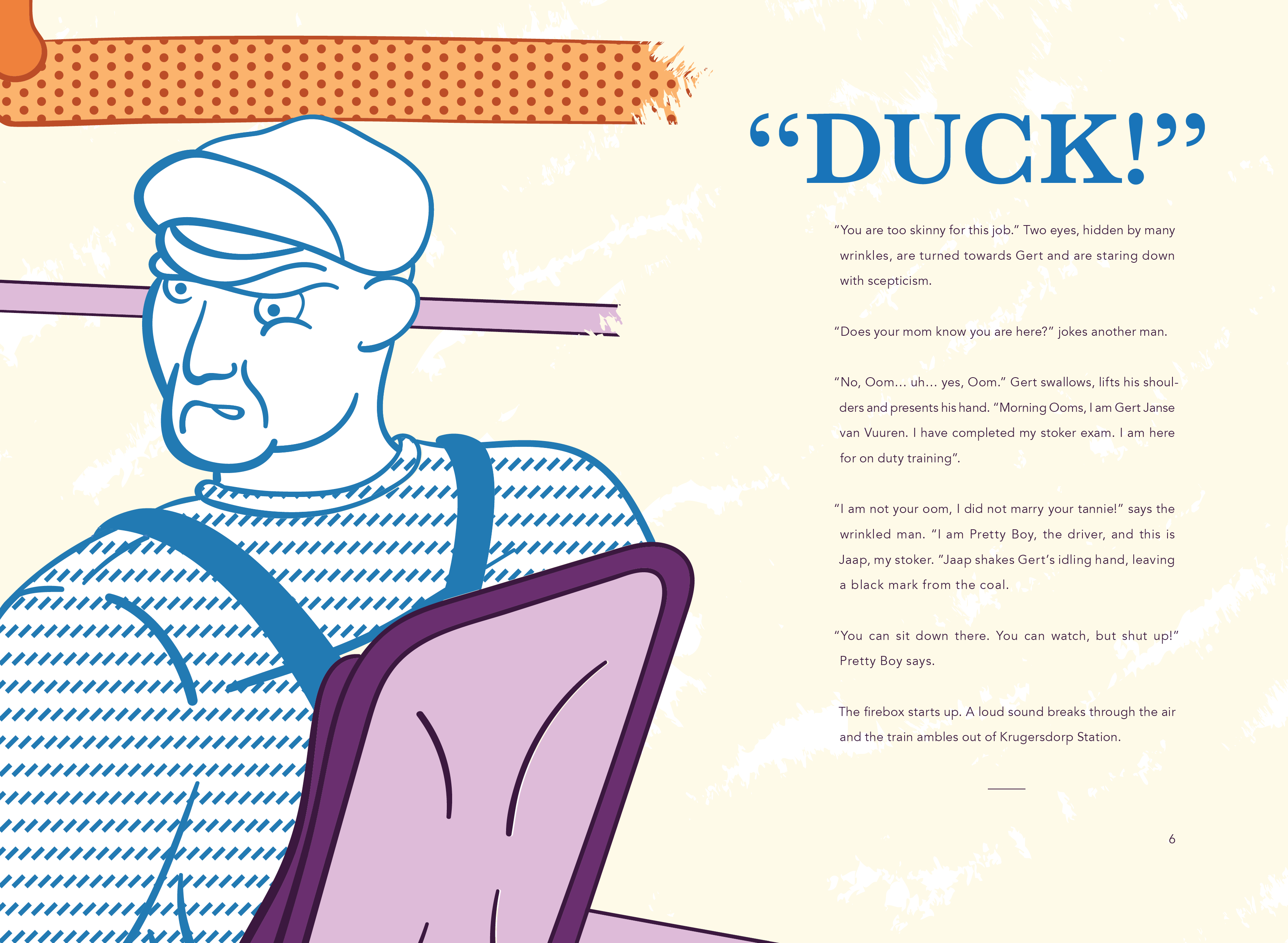 Colourful illustration of grumpy old man looking over his shoulder with editorial text next to it. Page of HOI! book.