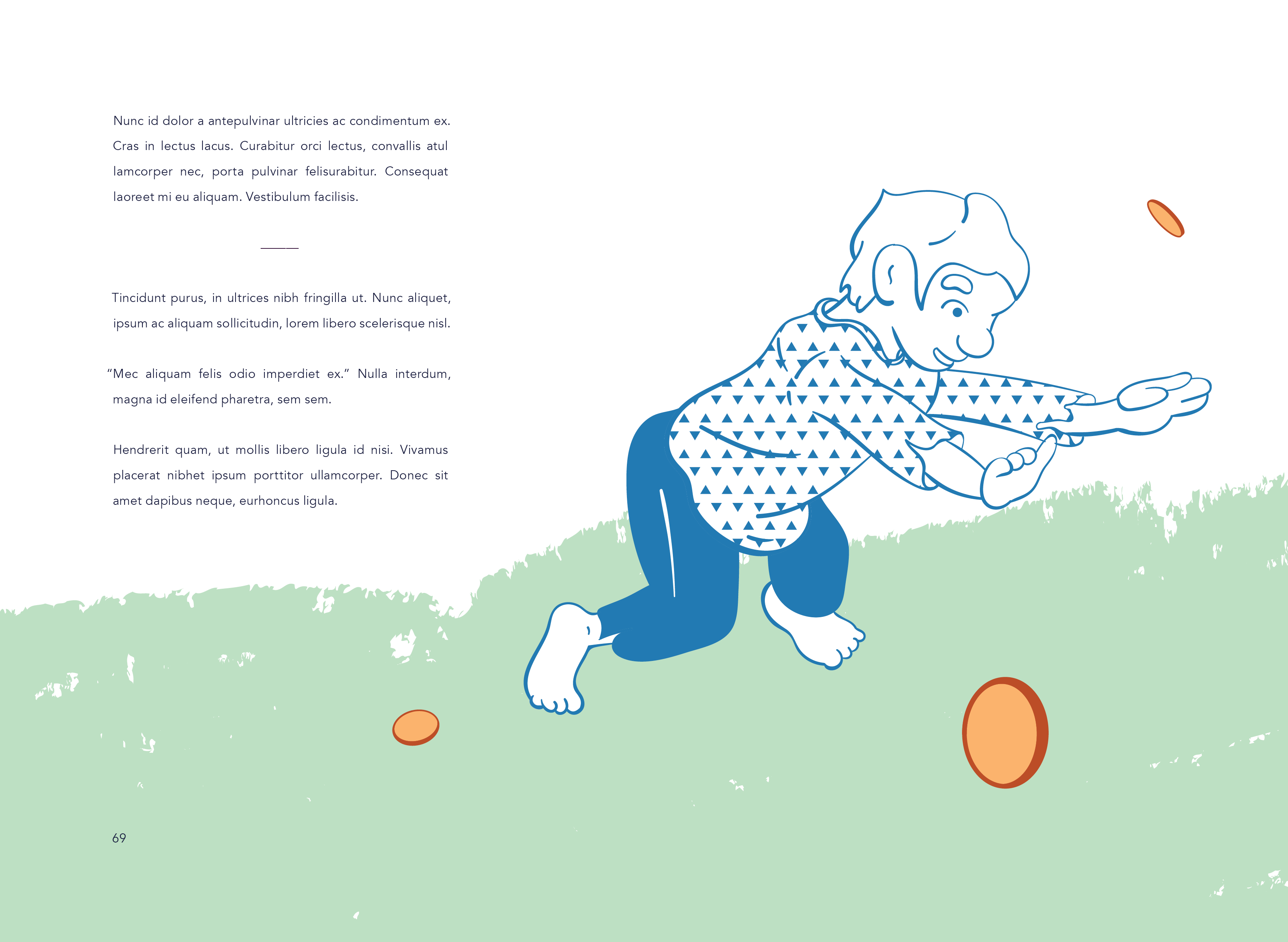 Illustration of young beggar boy in tattered clothes scrambling and falling to catch catch coins. With editorial text next to it. A page for the HOI! book.