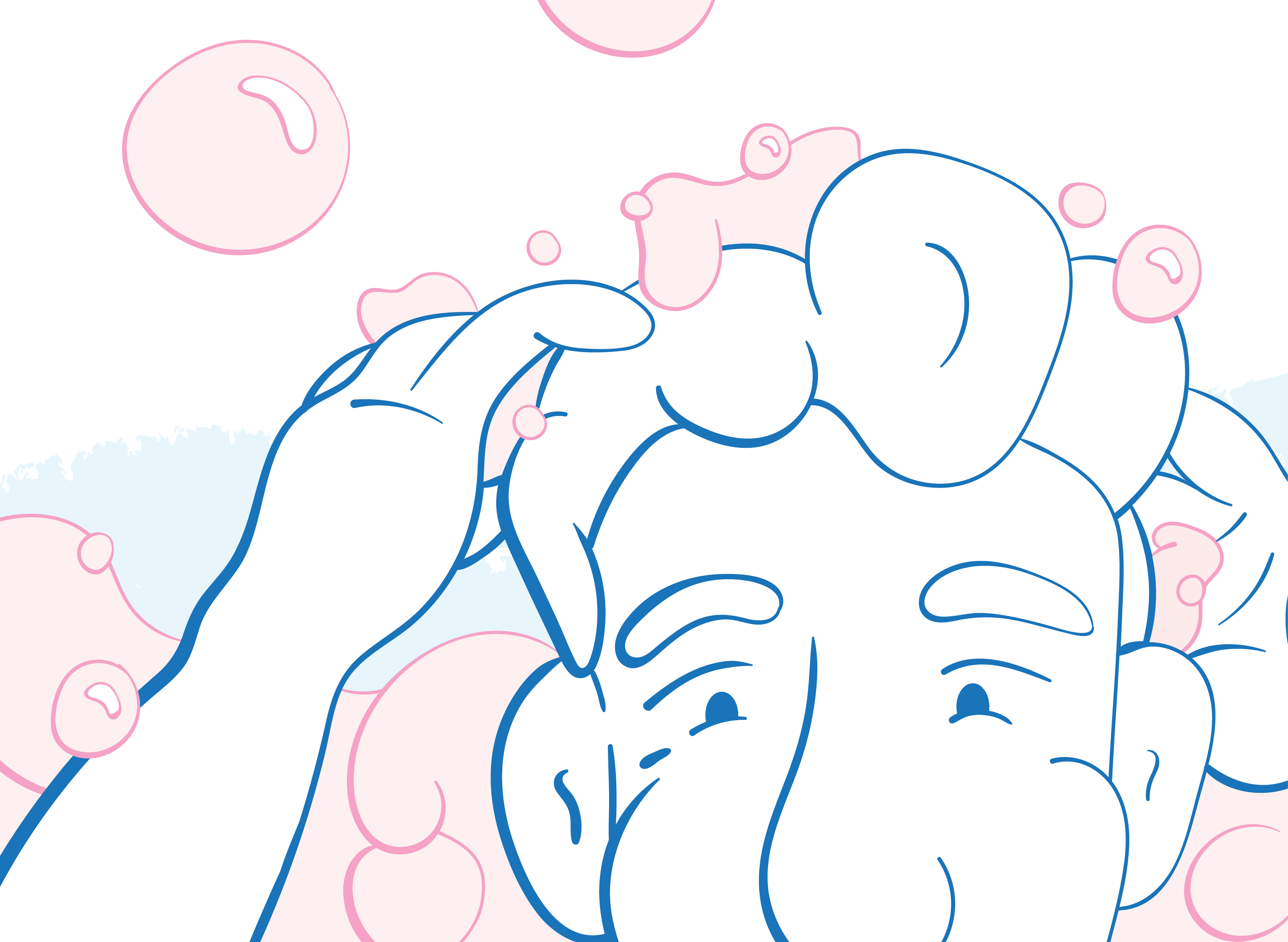 Colourful illustration of handsome man washing his hair with pink bubbles and blue line work. Page from HOI! book.