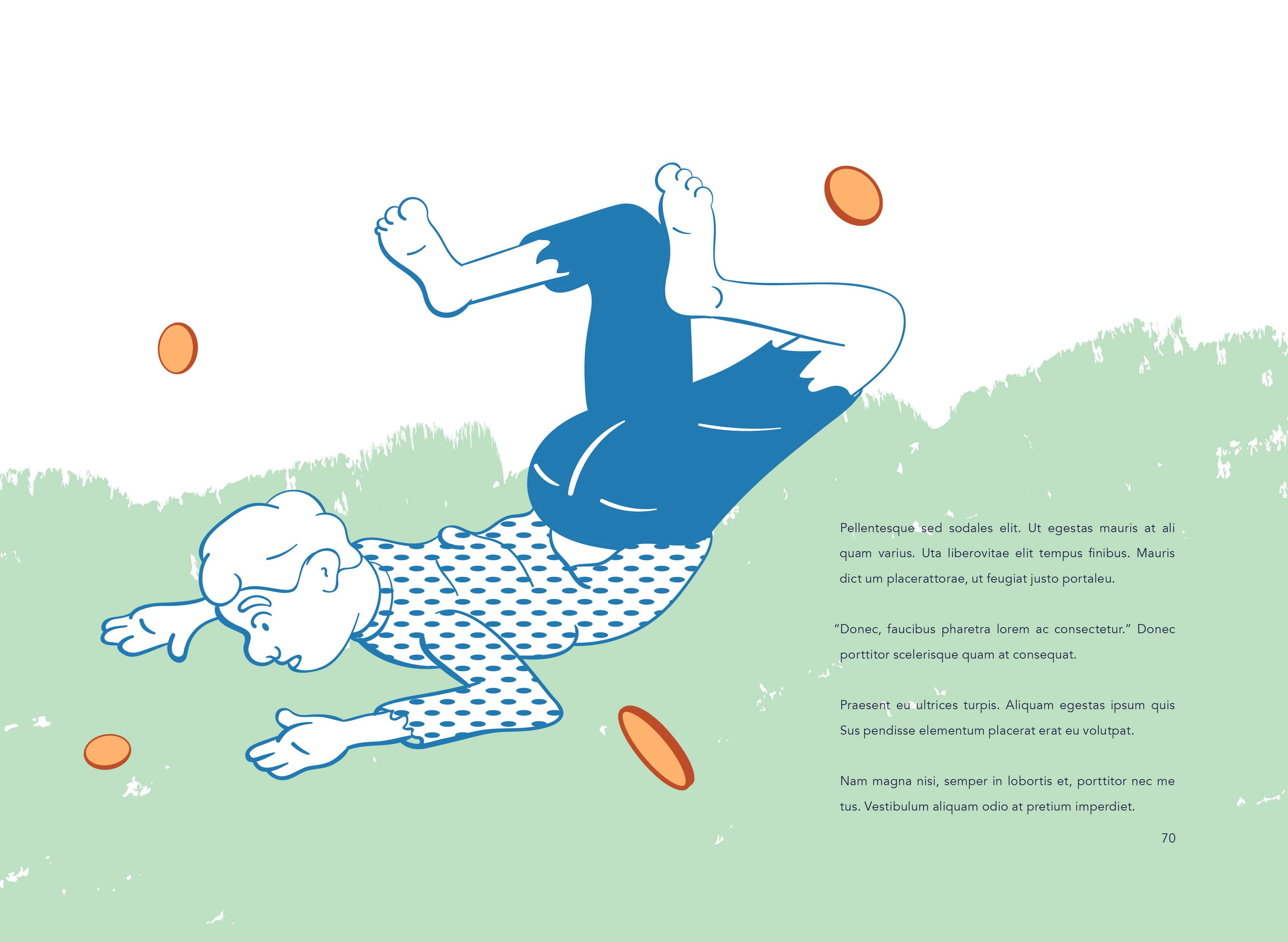 Illustration of young beggar boy in tattered clothes scrambling and falling to catch catch coins. With editorial text next to it. A page for the HOI! book.