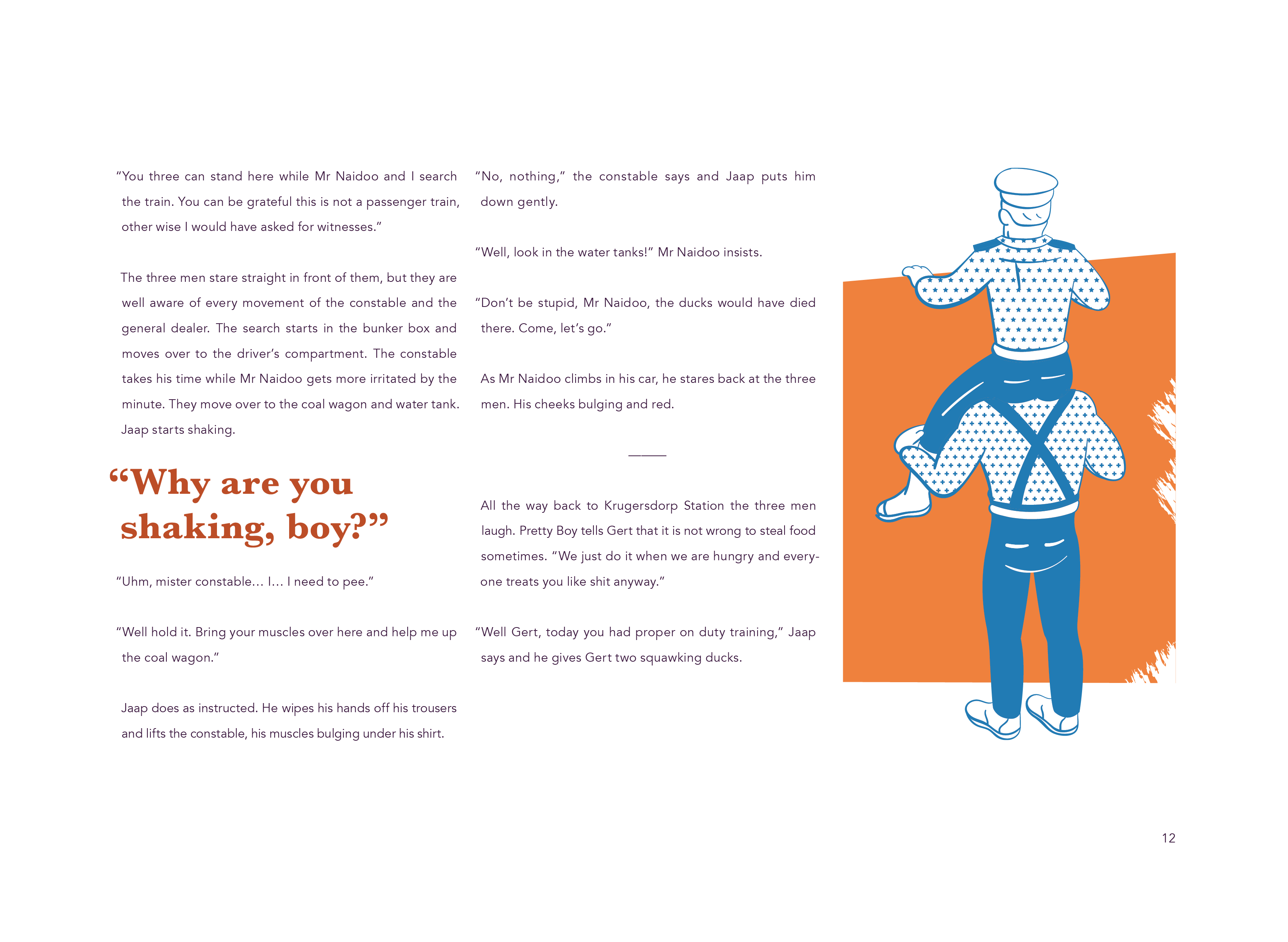 Editorial book design with colourful illustration of a man sitting on a strong man's shoulder, peeking over a wall. 