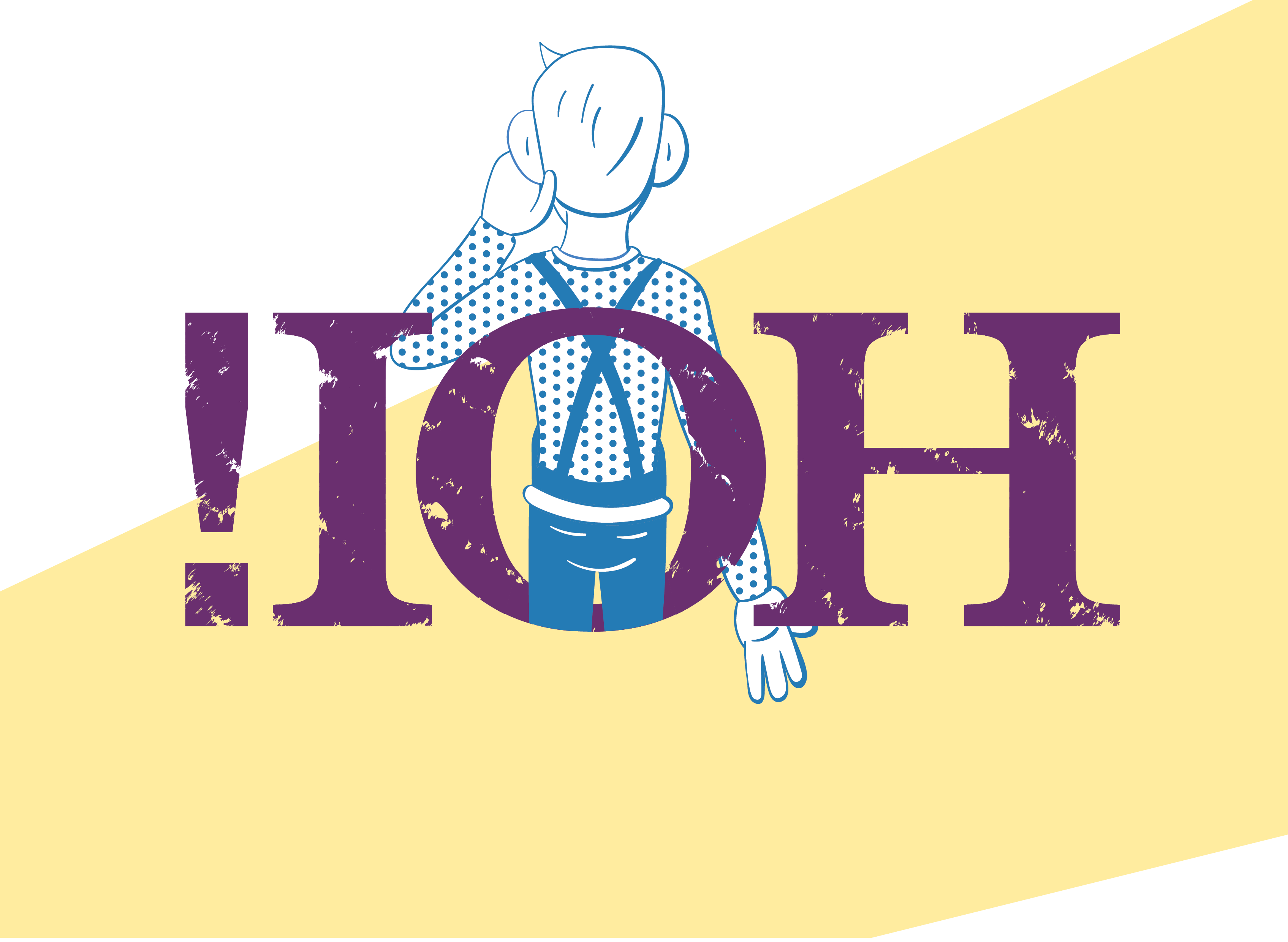 Colourful back cover design for HOI! book. Illustration of back of young man with big ears who is shouting. 