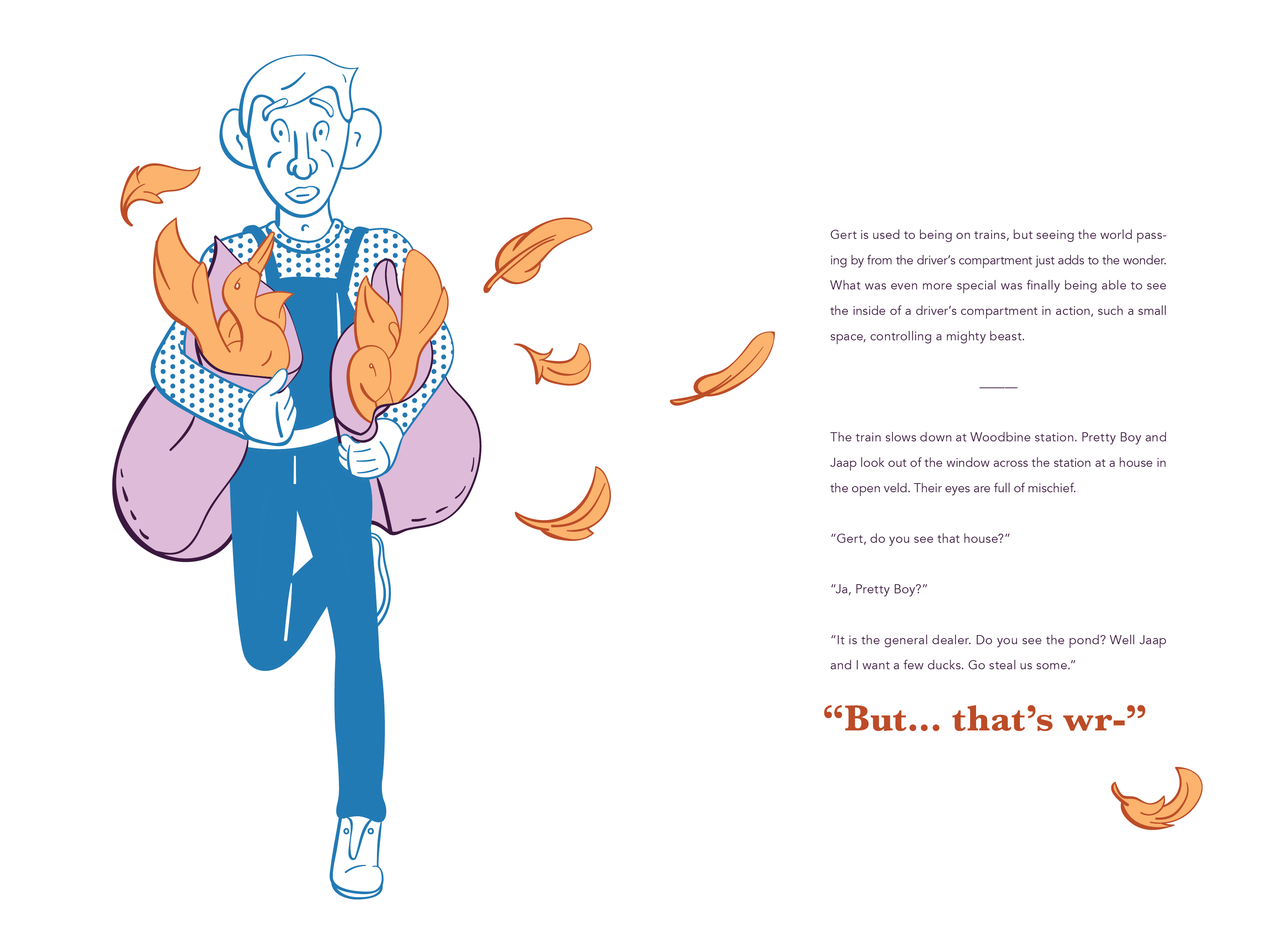 Editorial book design with colourful illustration of a man running with ducks in his arms. 