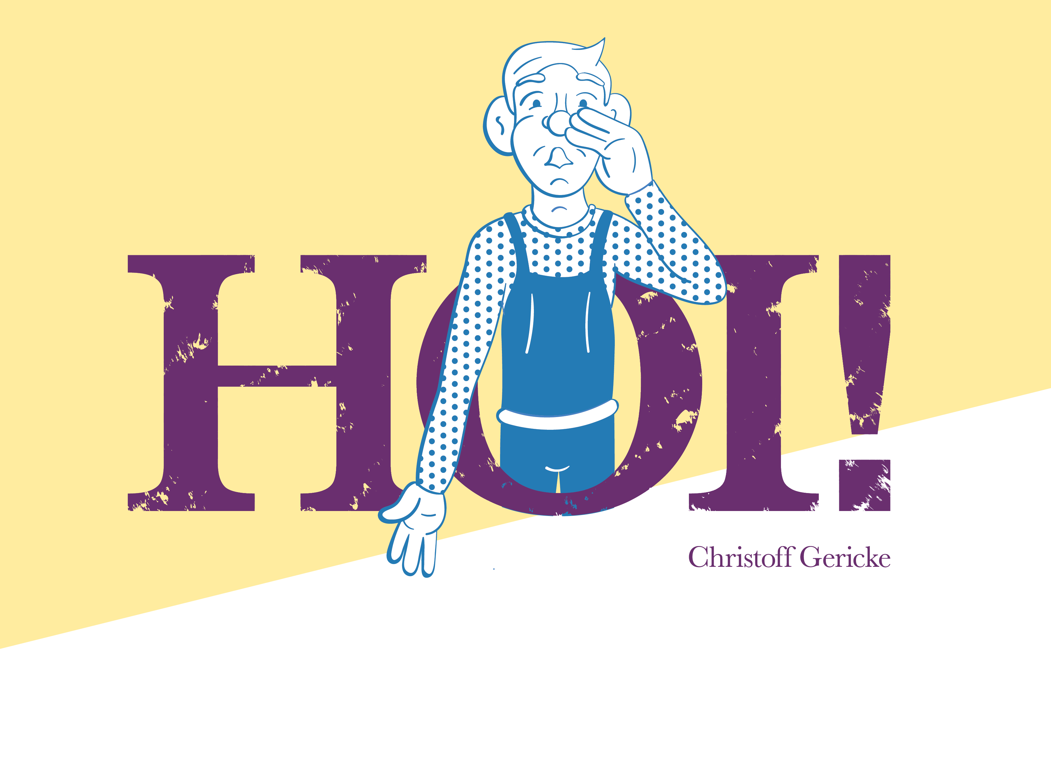 Colourful back cover design for HOI! book. Illustration of young man with big ears who is shouting. 
