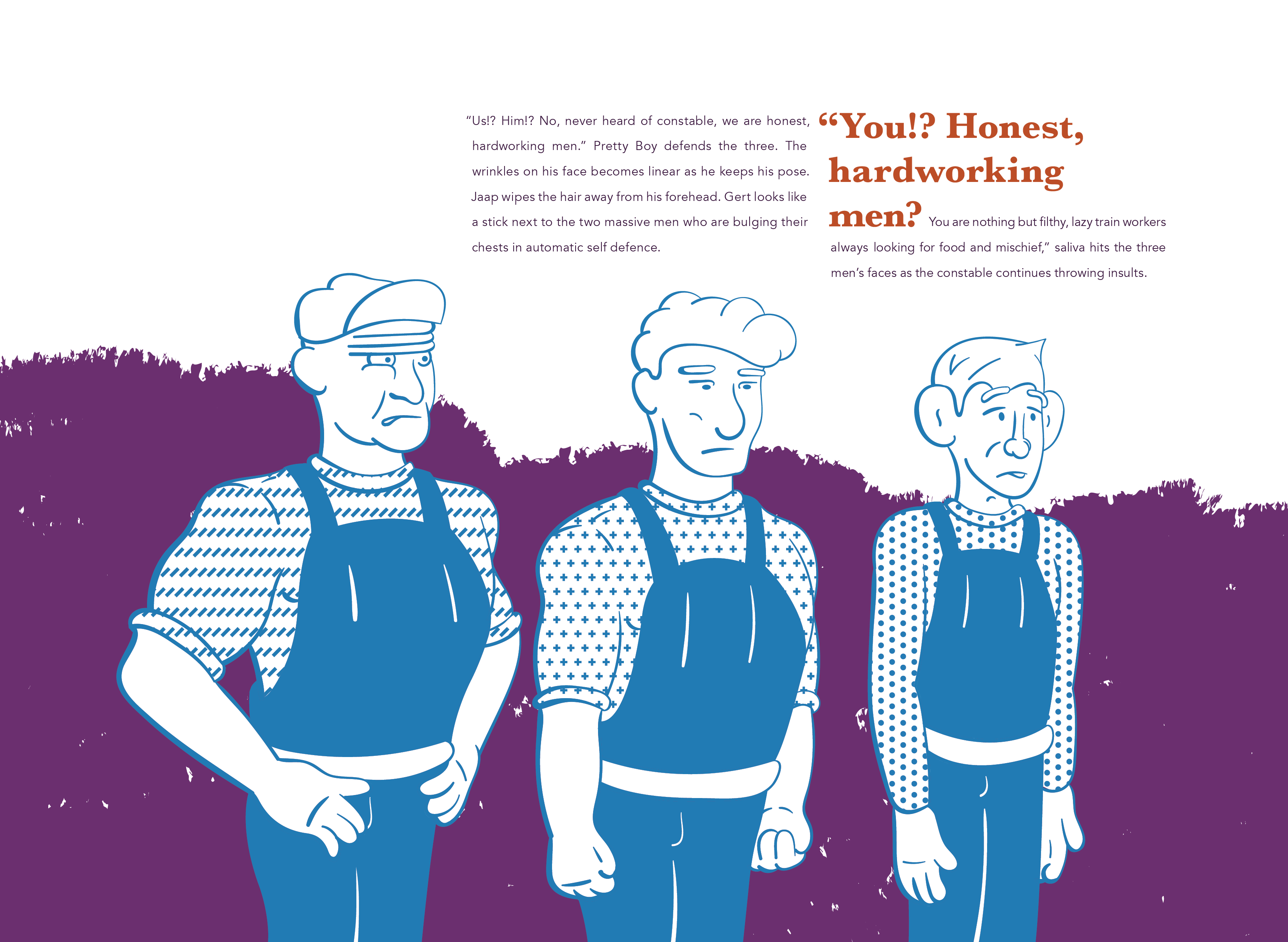Three nervous men standing in a row. 
