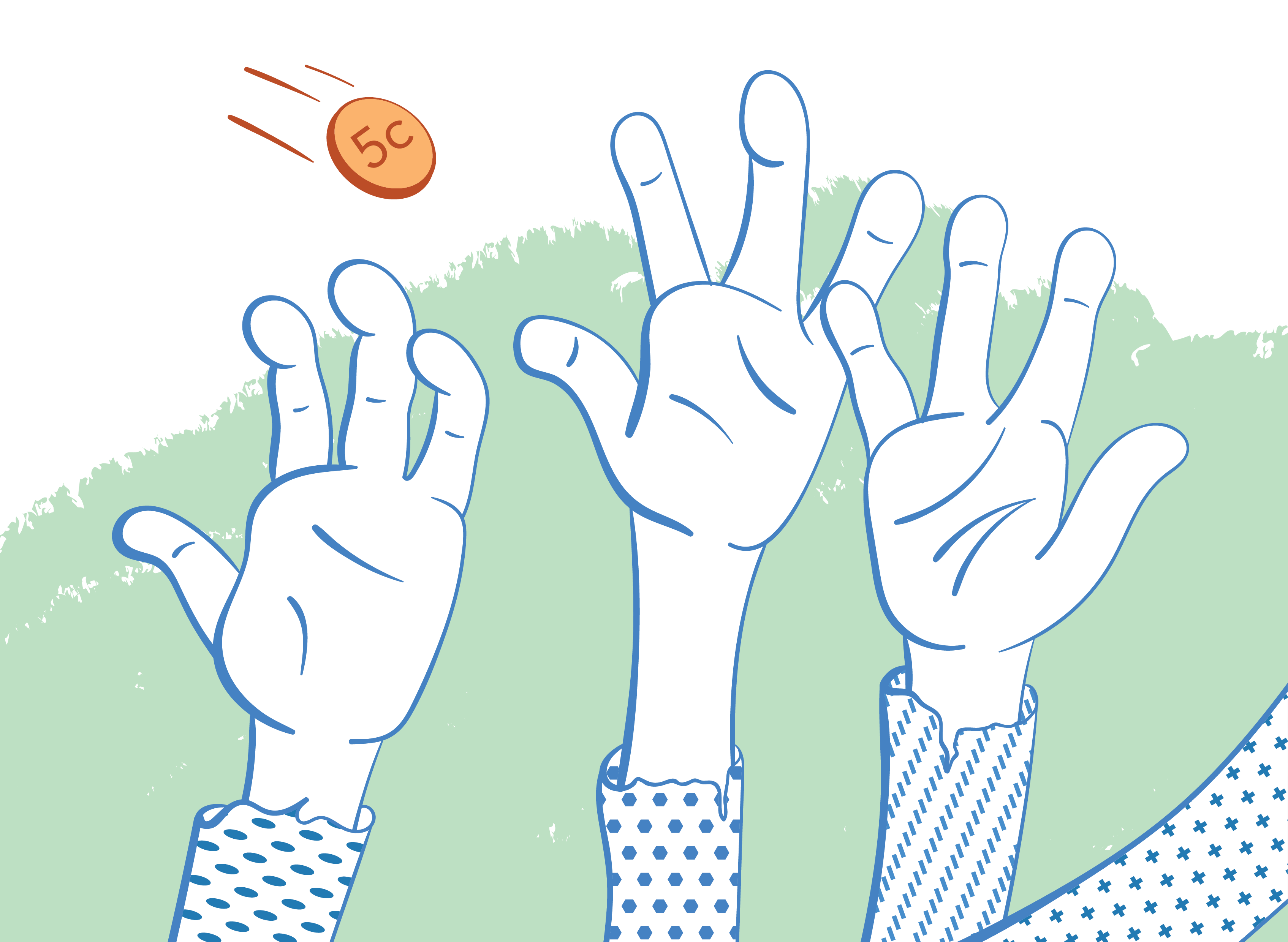 Hands scrambling for a coin illustration. 