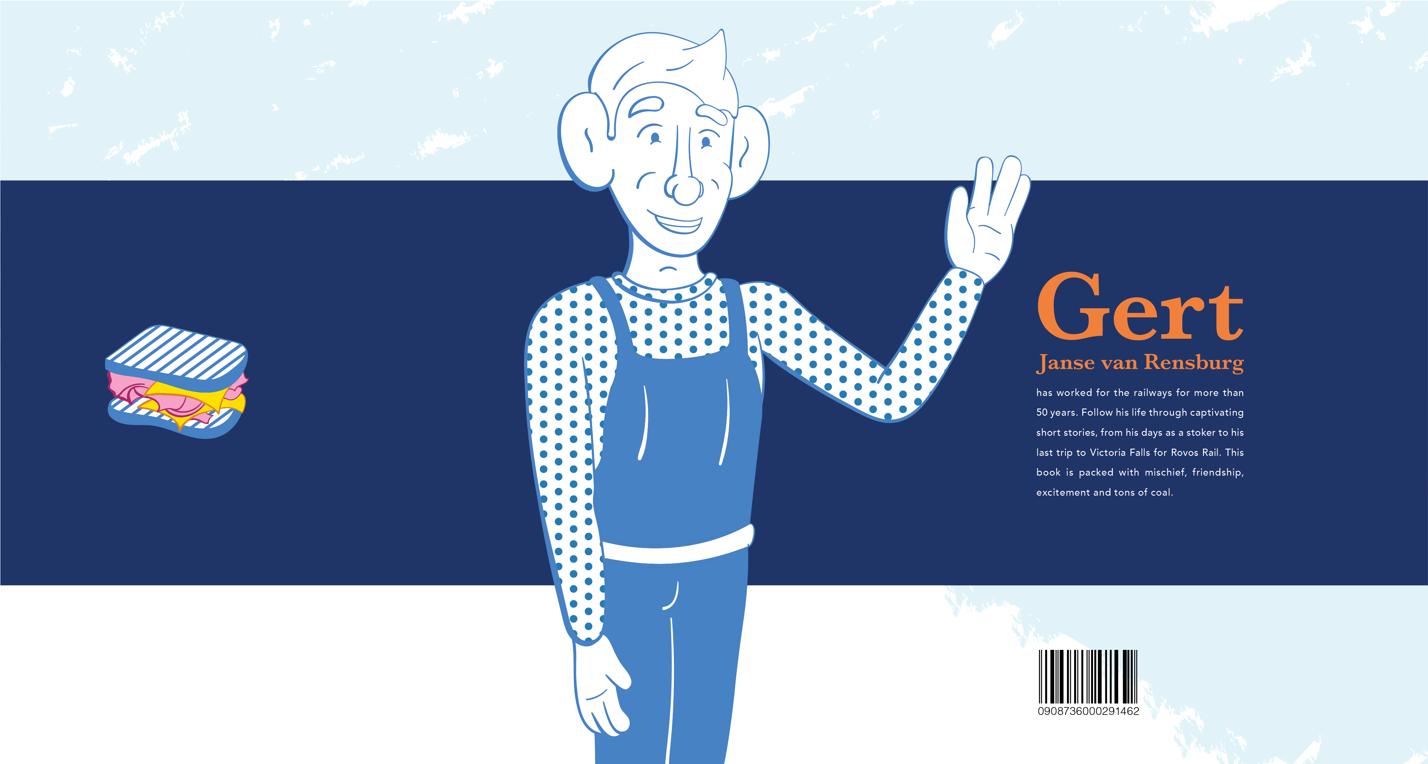 Colourful ilustration of a smiling waving man and a sandwich. 