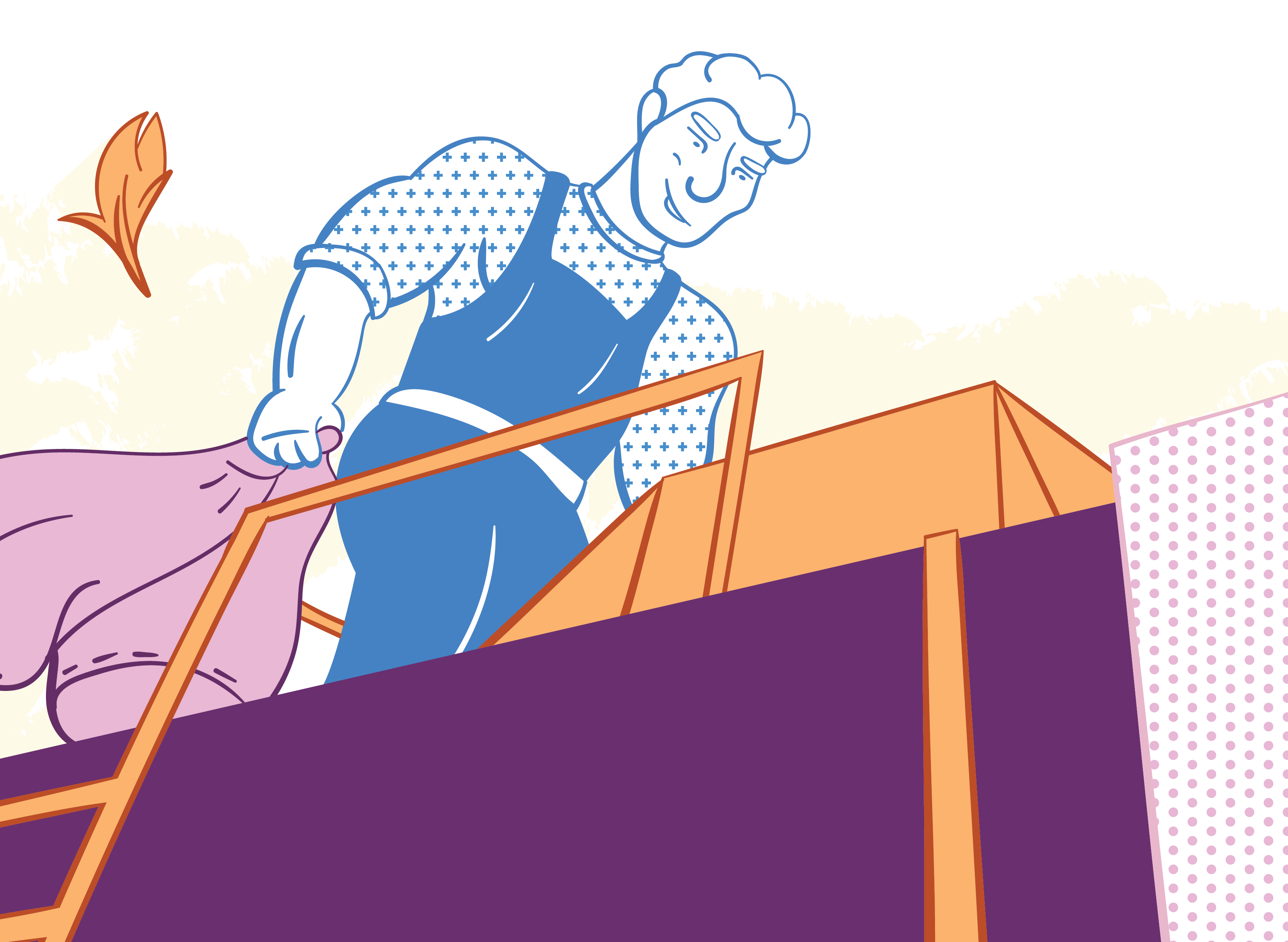 Colourful illustration of a handsome man standing on a steam truck. With a feather blowing. 