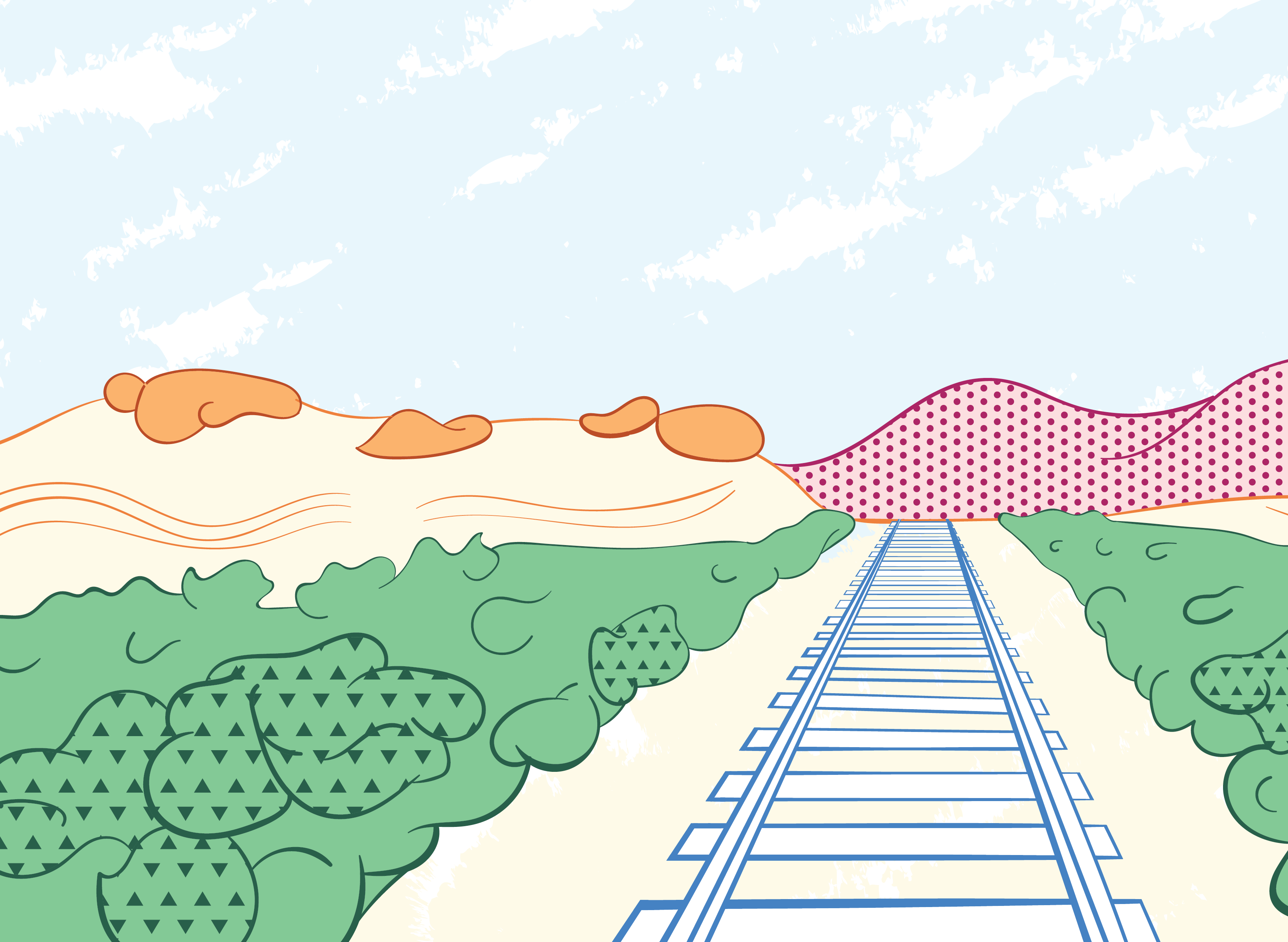 Colourful landscape illustration with a train truck. 
