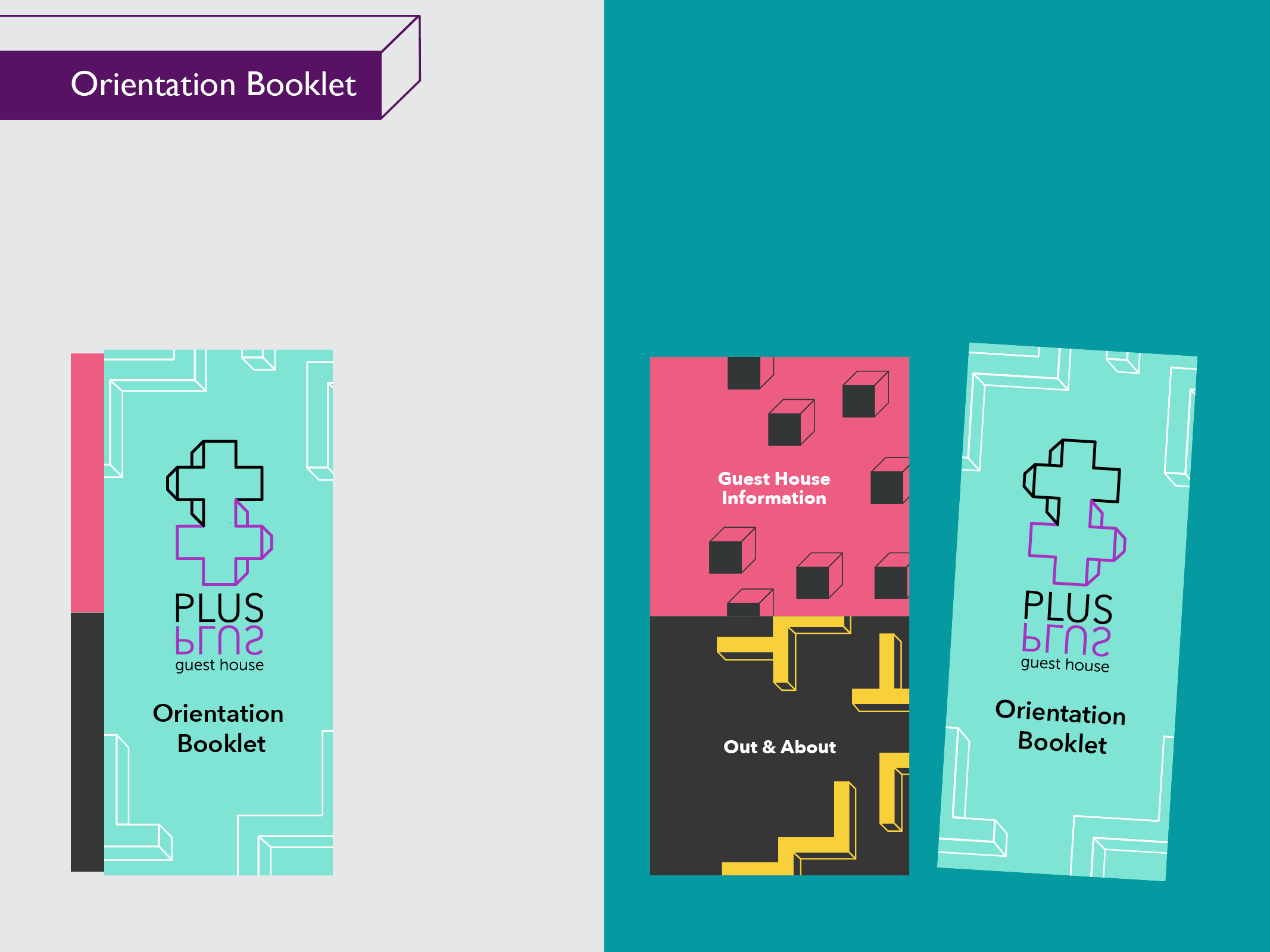 Info booklet design with flat geometric illustrations and patterns. 