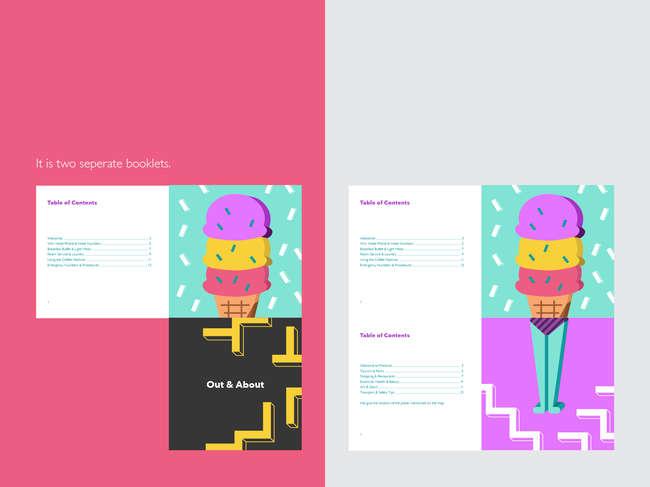 Info booklet design with flat geometric illustrations and patterns. 