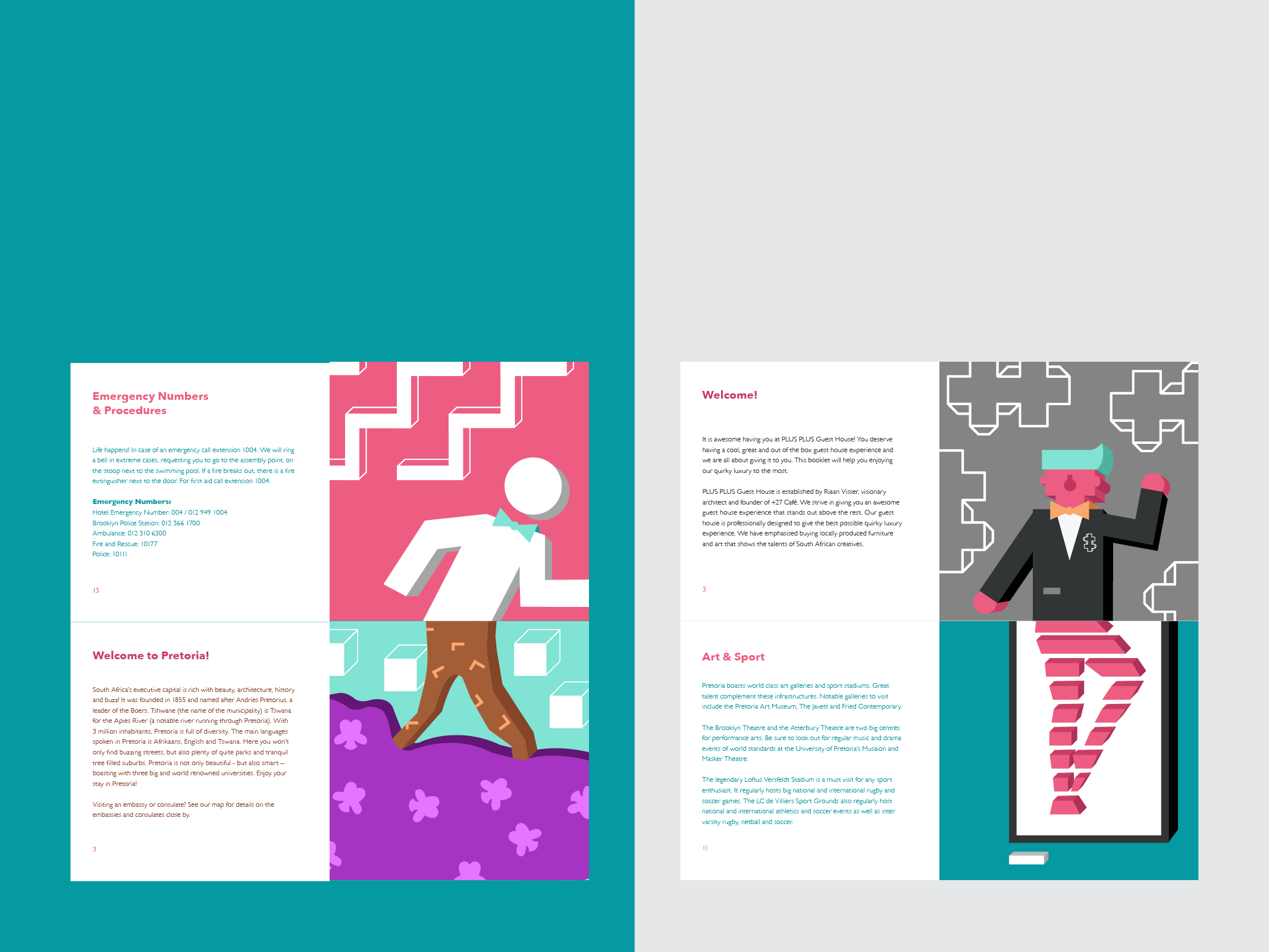 Info booklet design with flat geometric illustrations and patterns. 