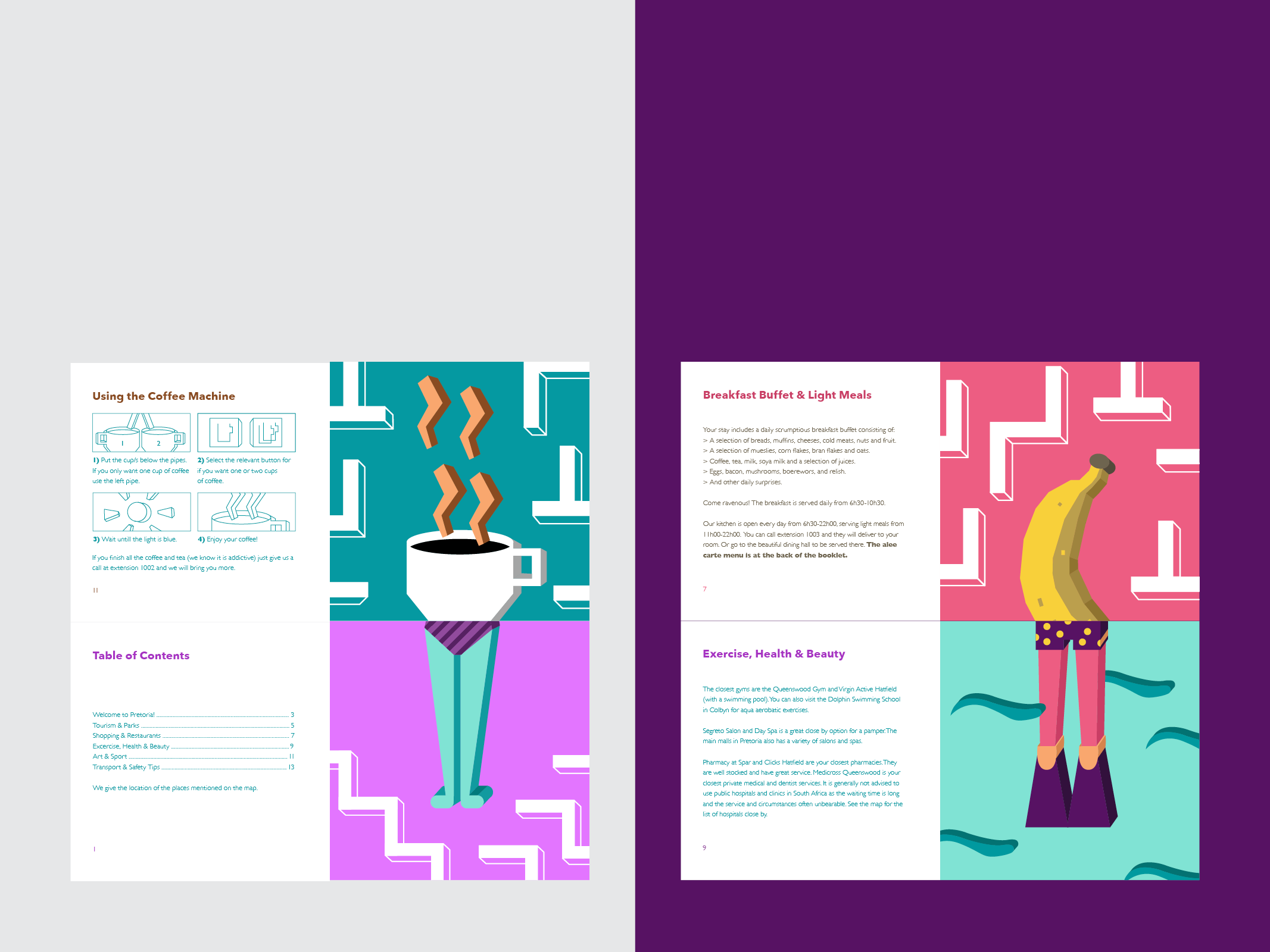Info booklet design with flat geometric illustrations and patterns. 