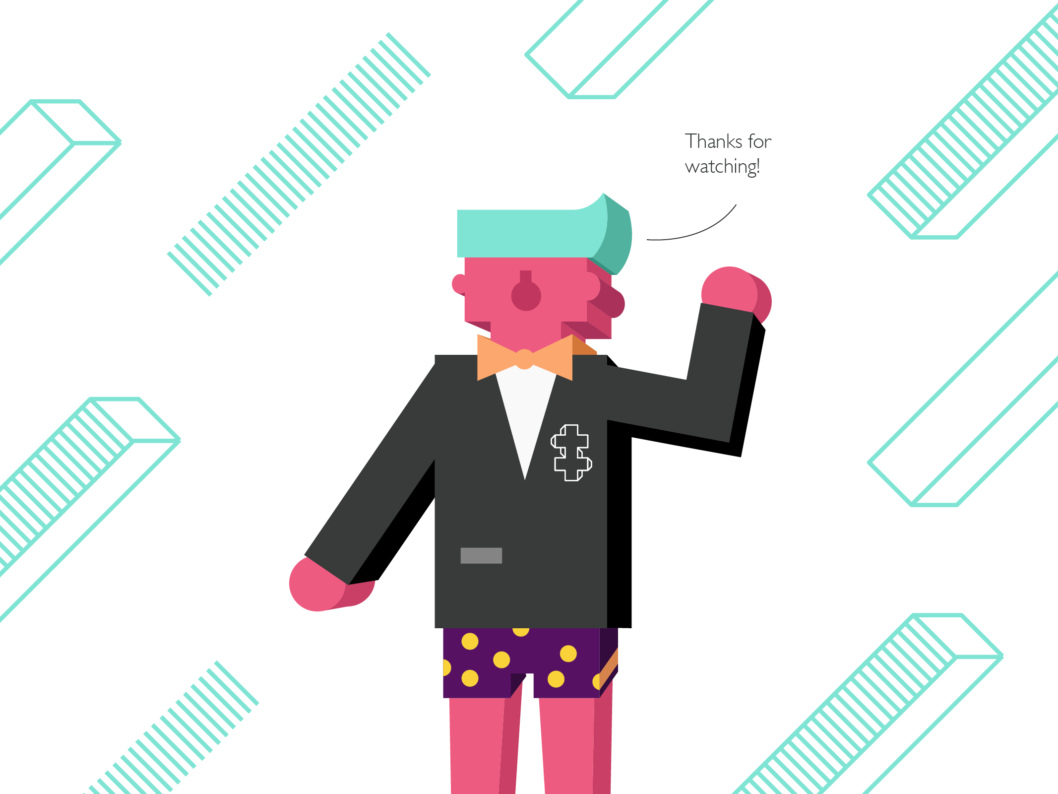 Flat geometric illustration of business man in swim trunk waving hello. 