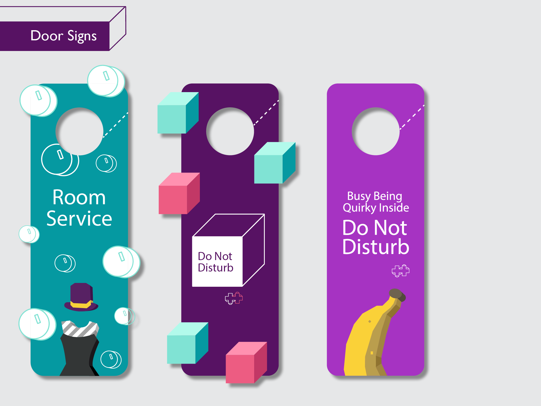 Funky hotel guest house door signs.