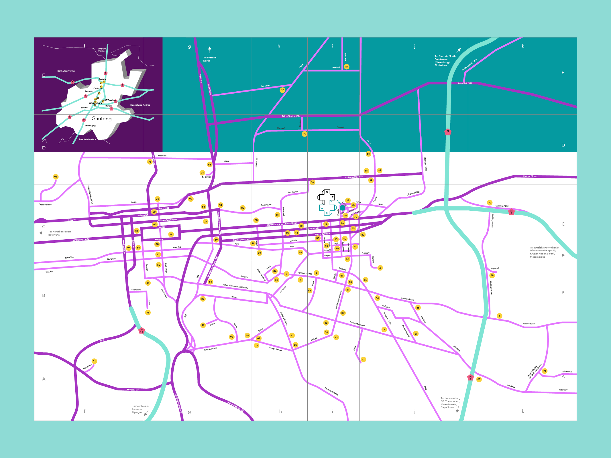 Map of Pretoria South Africa in funky bright colours.