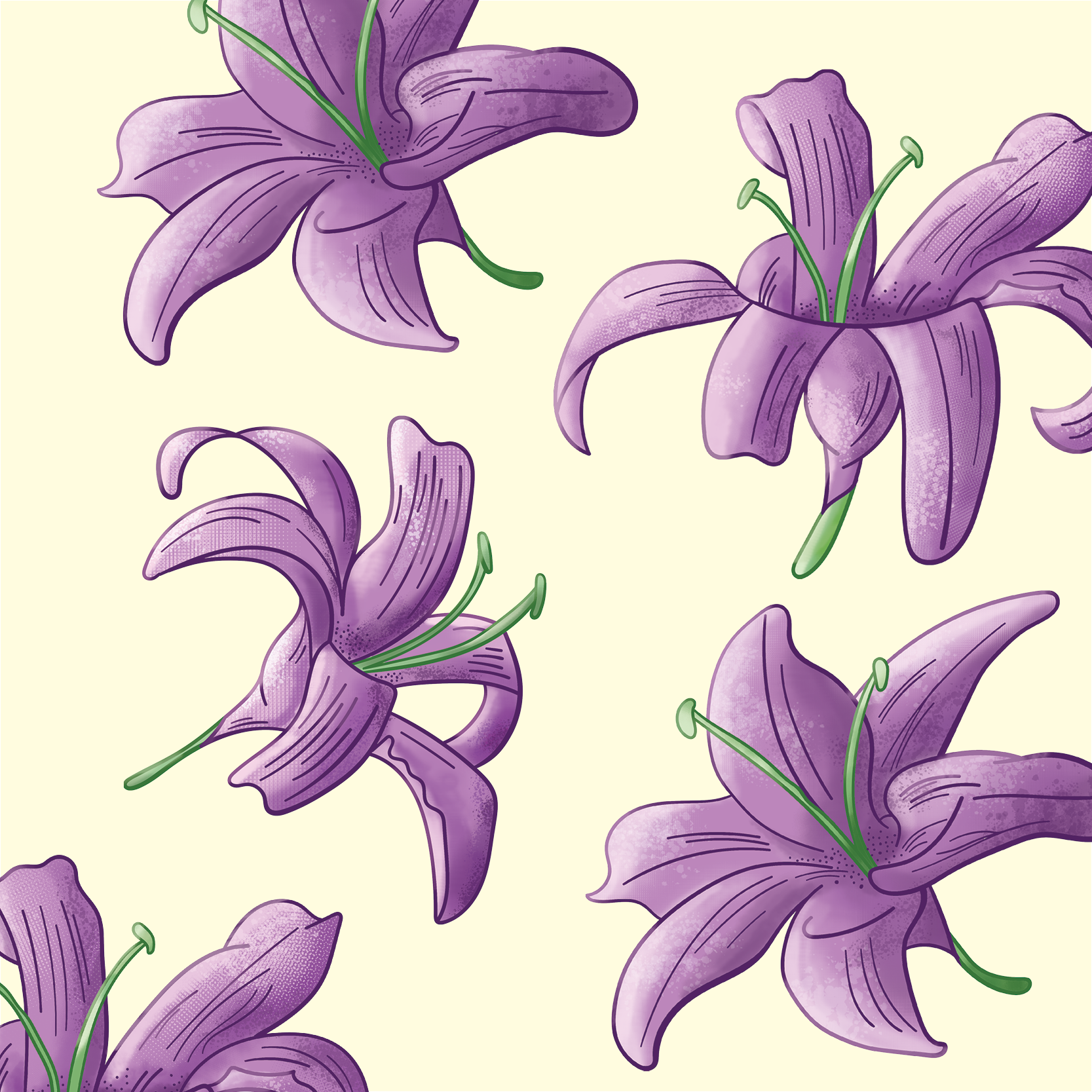 Fine illustration of purple African lilies.