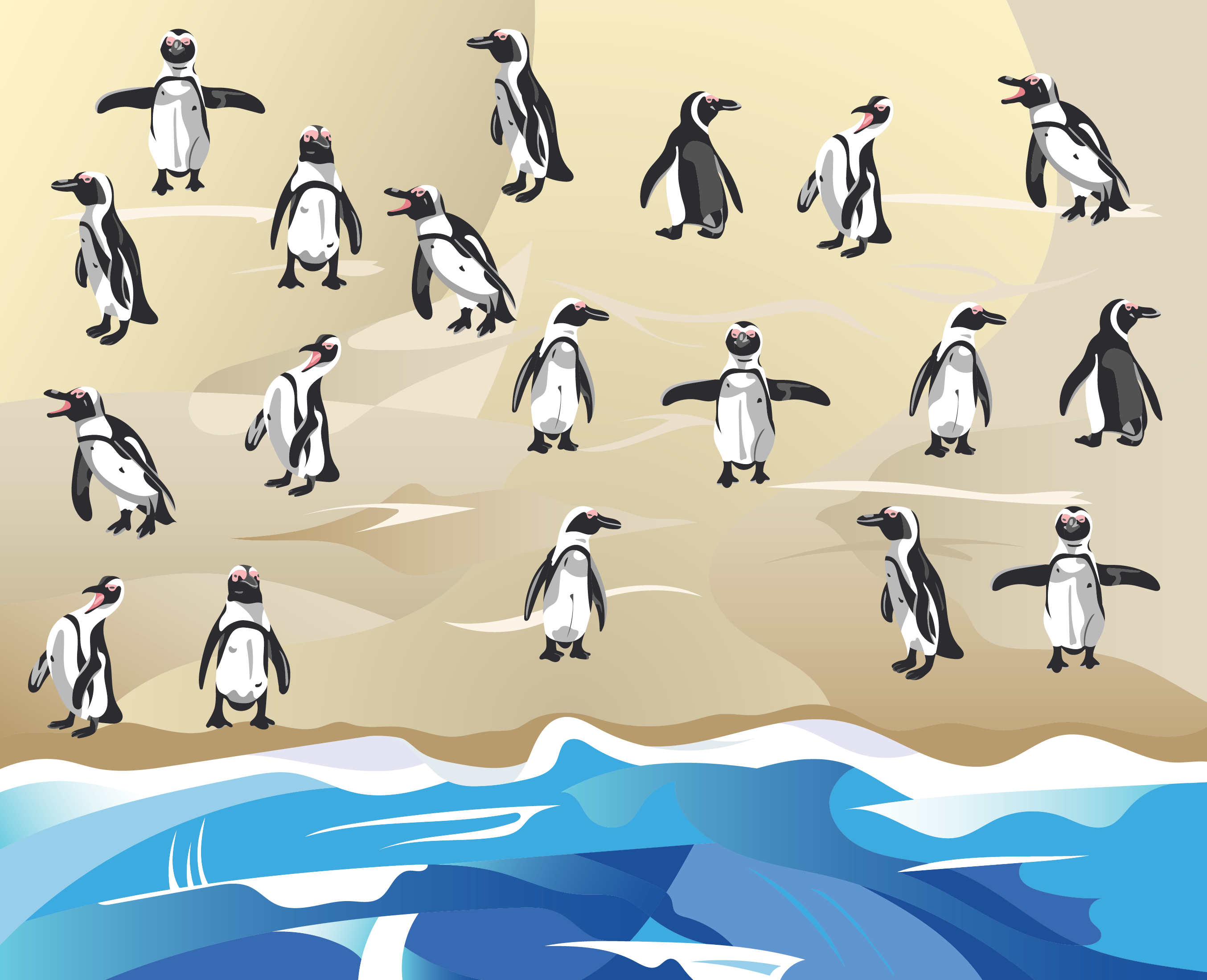 Flat vector illustrations of funny African penguins on a sandy beach with a geometric pattern sea. 