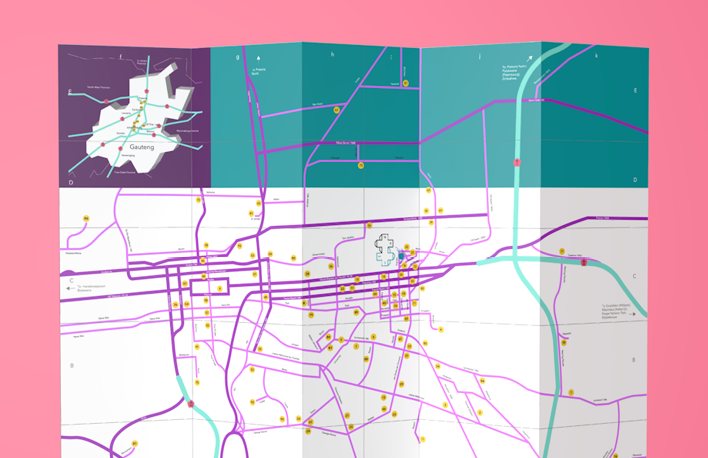 Map of Pretoria and Gauteng in funky colours on a 3D folded pamphlet mockup.