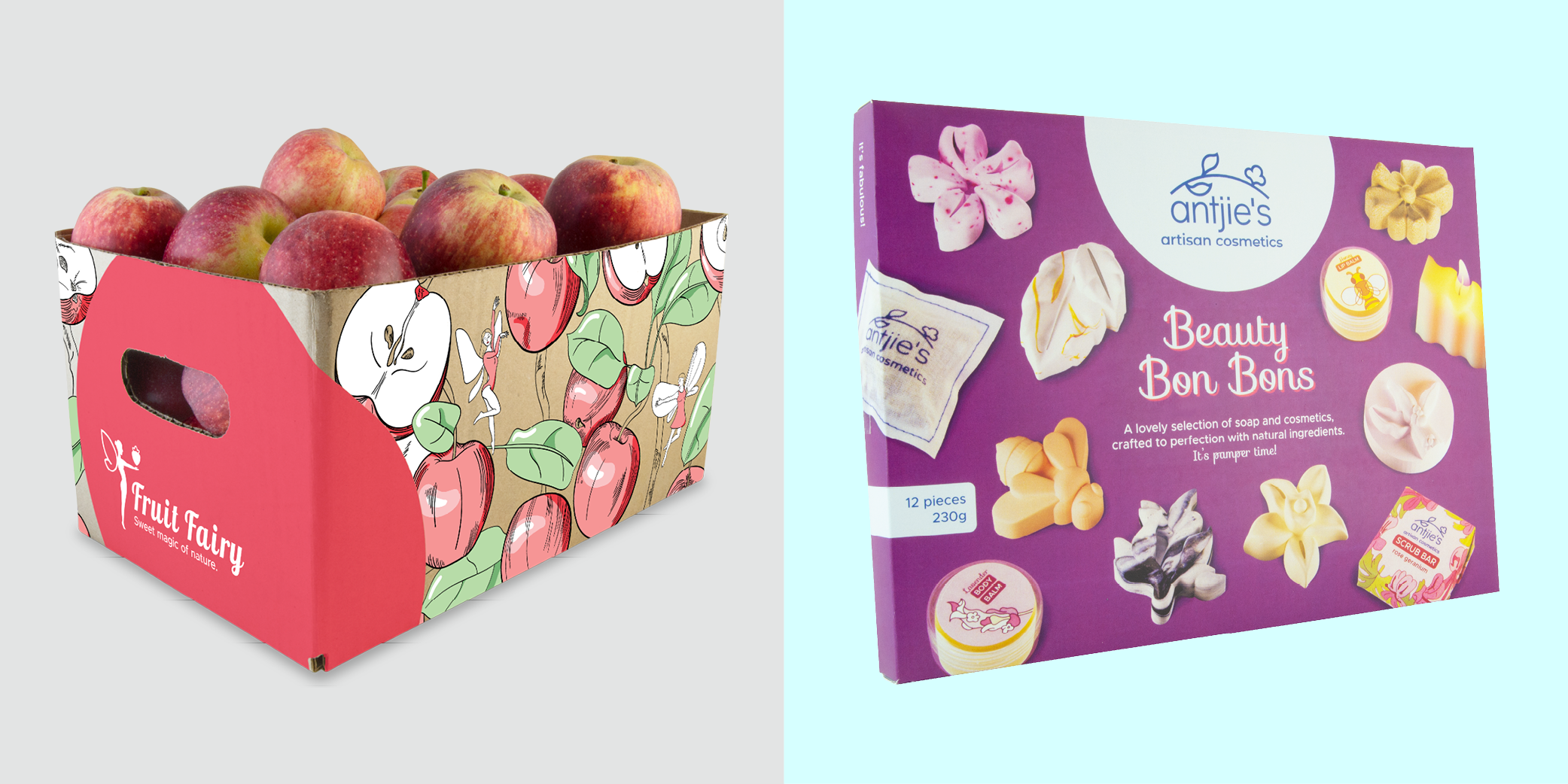 Packaging design by hamerkop.studio, Fruit Fairy red apple box and Antjie's beauty bons bons box of cosmetic items and soap.