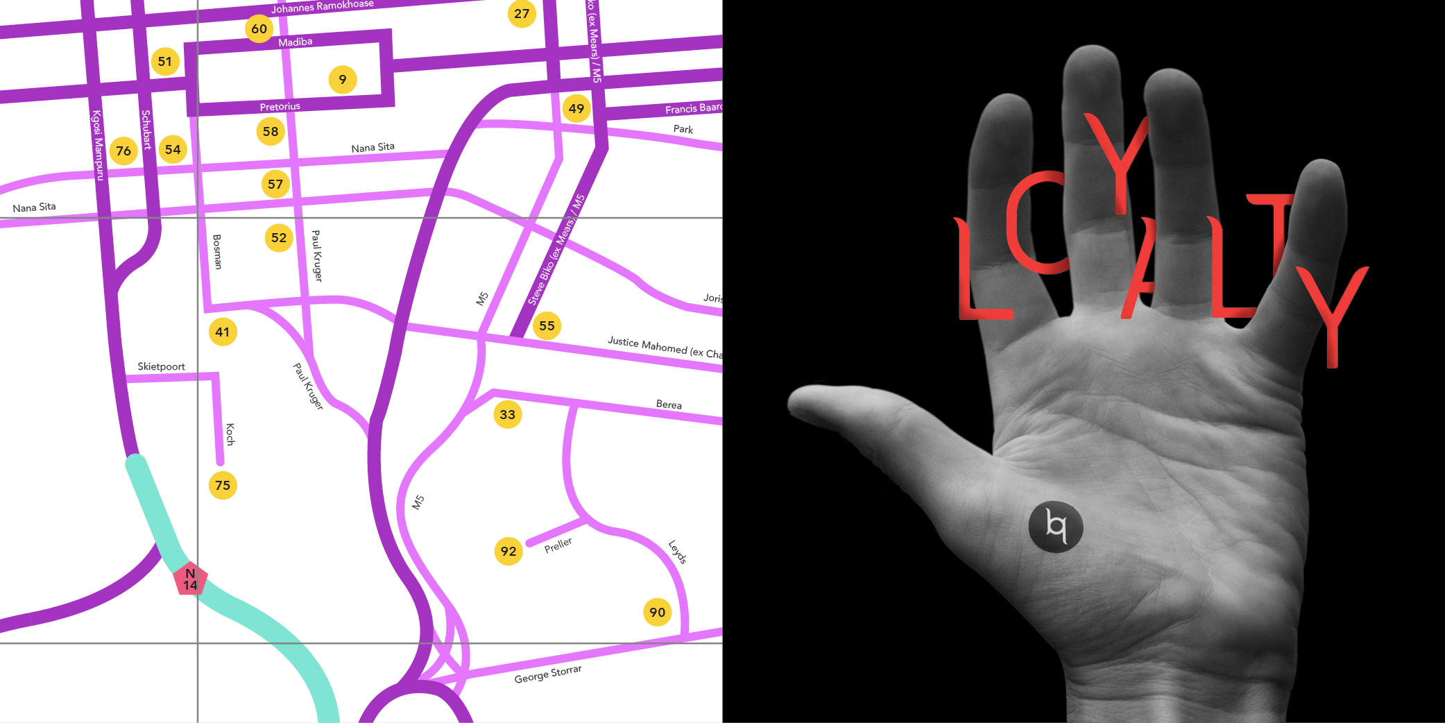 Map of Pretoria and dramatic black and white photo of hand with the world loyalty entwined into the fingers.