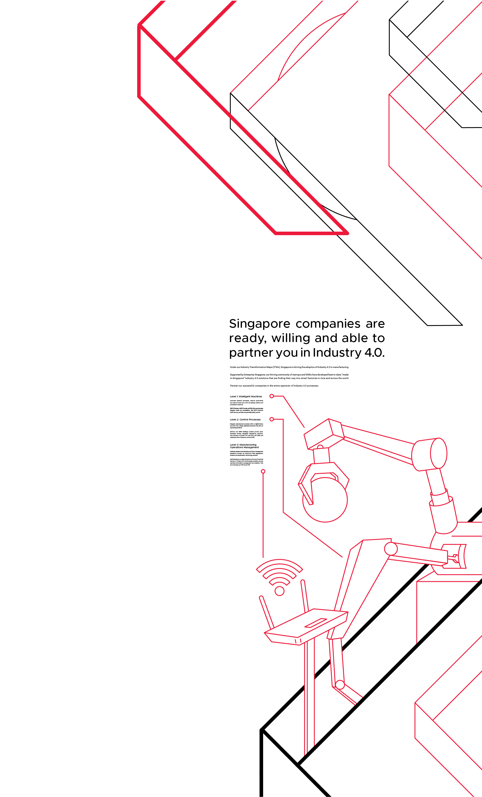 Banners for the Singapore stand at ITAP 2018. Illustration of factory machines / robots working on each other. The banners welcome the 4th Industrial Revolution.