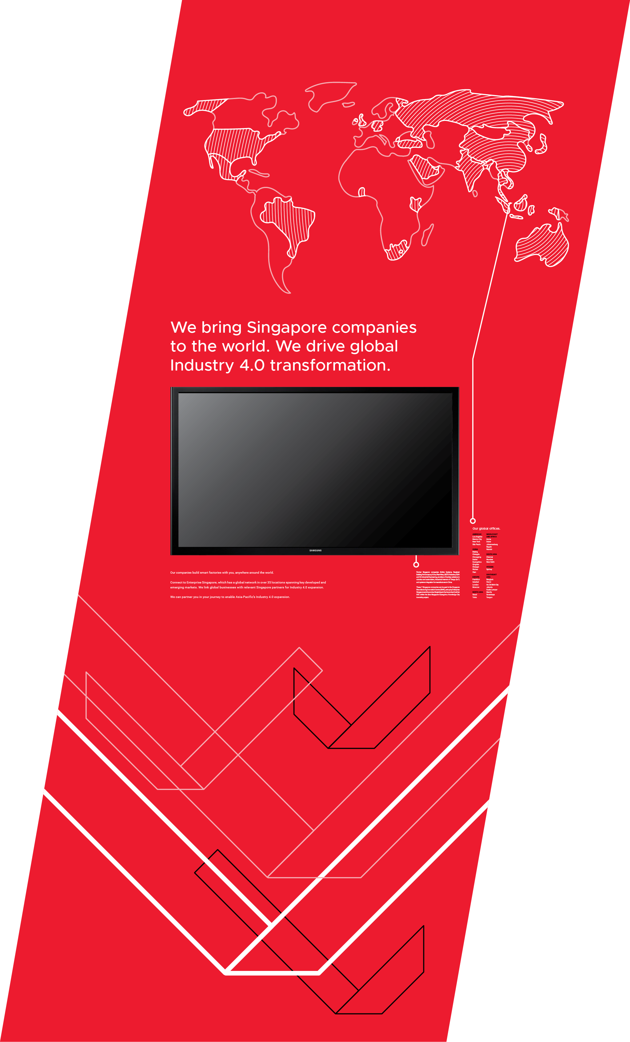 Banners for the Singapore stand at ITAP 2018. With a simplified world map where Singapore radiates into the rest of the world.