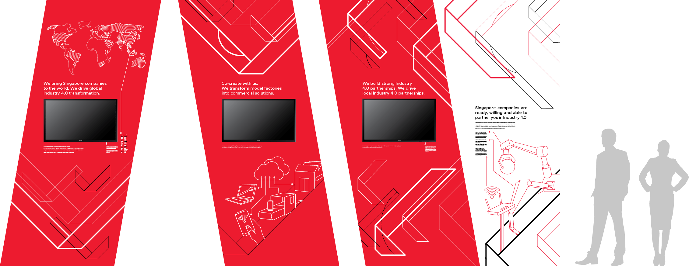 Banners for the Singapore stand at ITAP 2018. Geometric patterns and shapes. Illustrations of high tech factory machines,