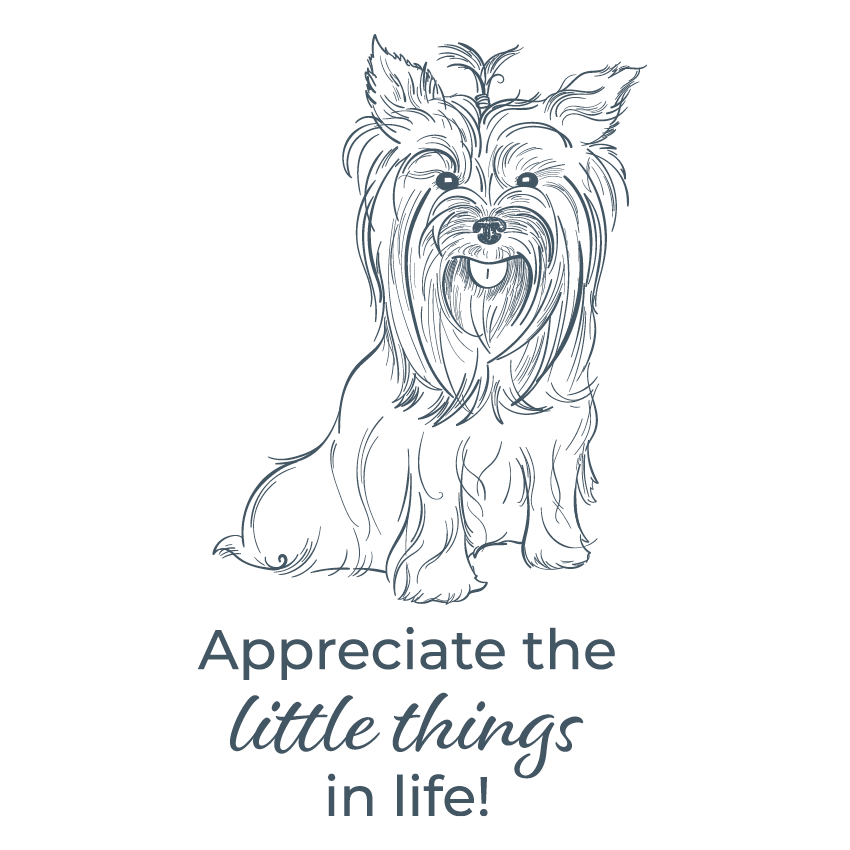 An illustration of a smiling yorkshire terrier yorkie dog with the words "appreciate the little things in life!"