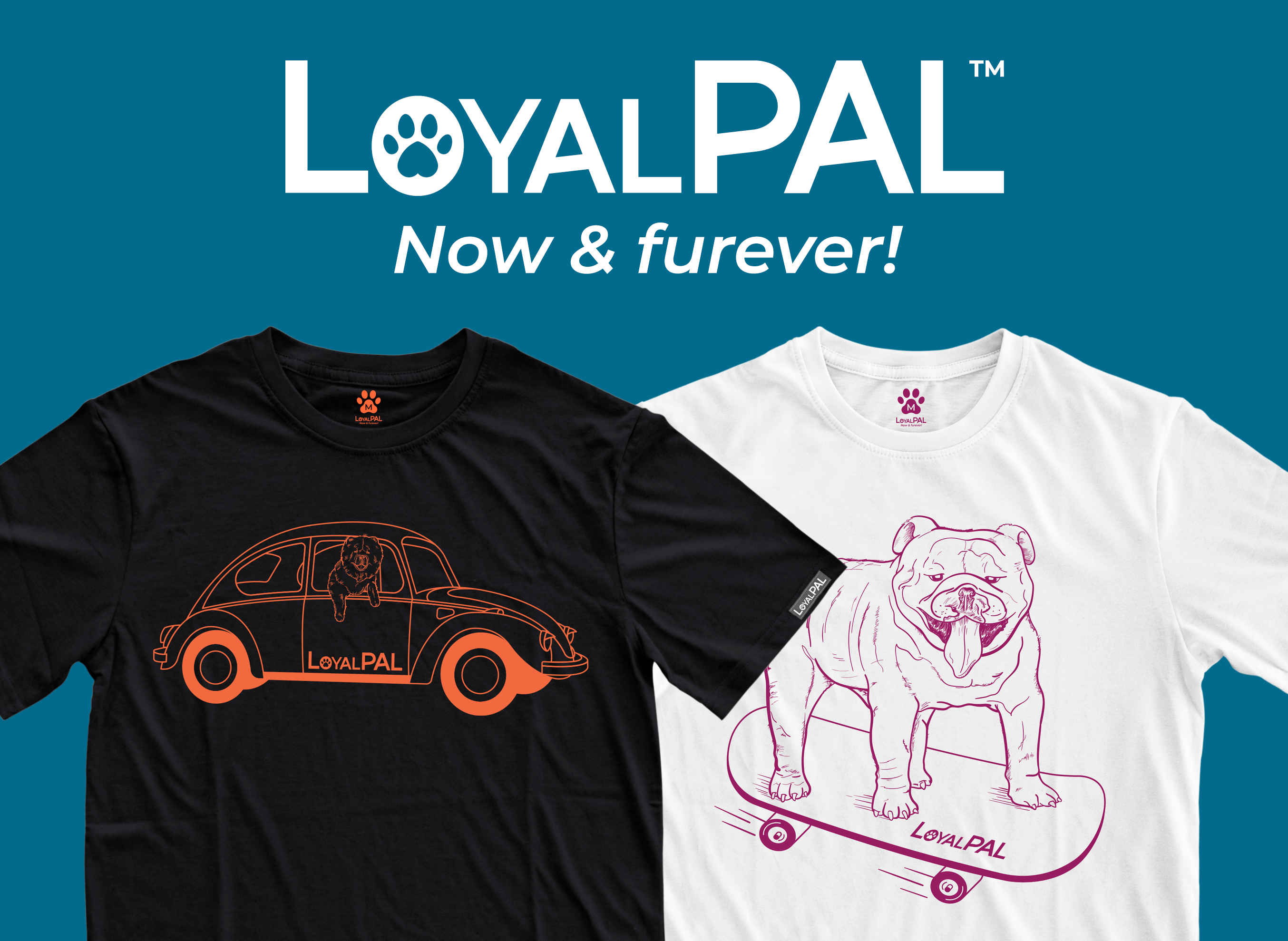 Two dog t-shirts with the loyalpal logo. An illustration of a chow chow dog in a volwagen beetle. An illustration of a english bulldog skating on a skateboard.
