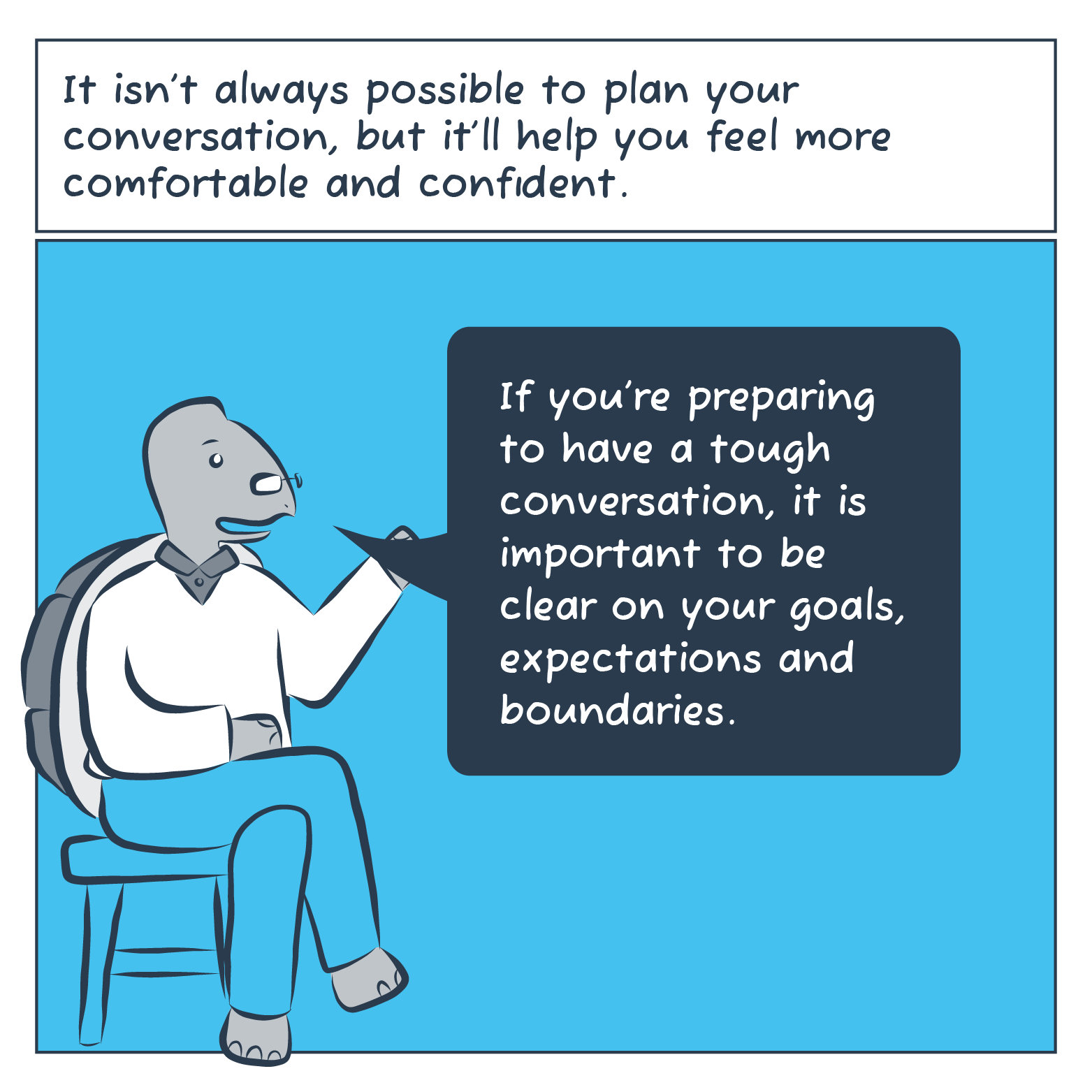 Turtle sits in their chair and explains that it is important to have clear goals, expectations and boundaries.