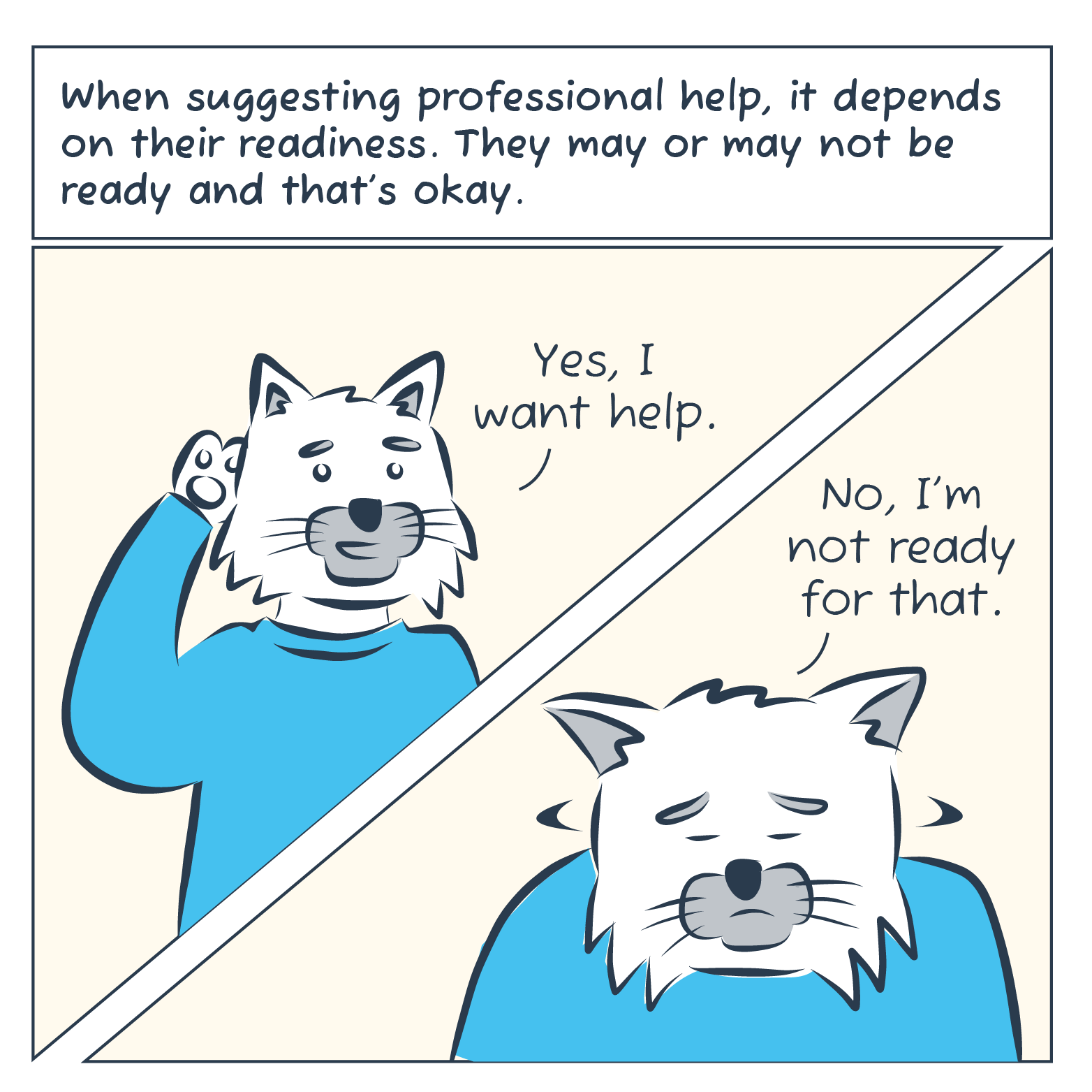 Cat responds to dog's ask and two scenes show us that yes, cat is ready and no they are not.