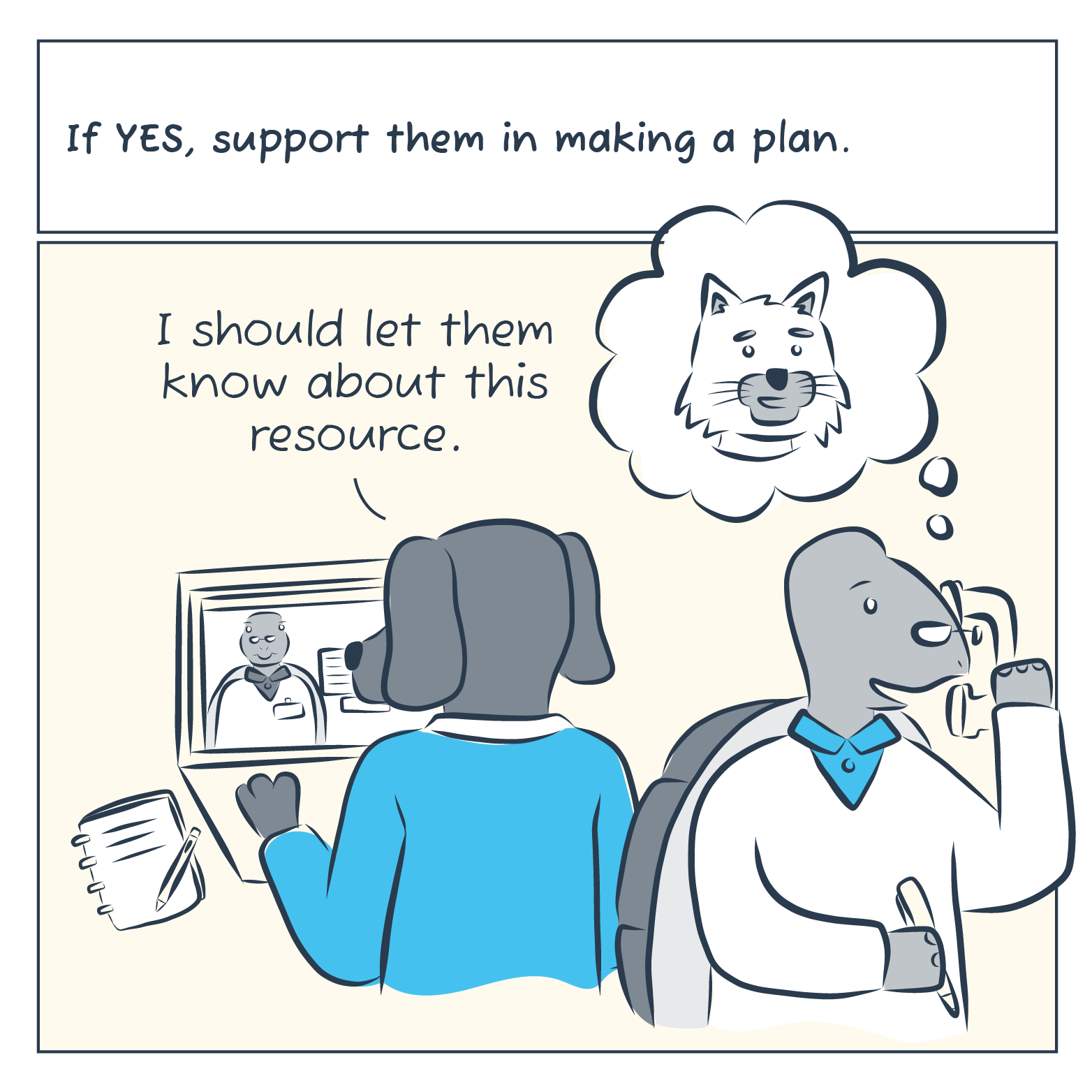 Cat is ready and dog supports them in helping make a plan and finds expert resources online