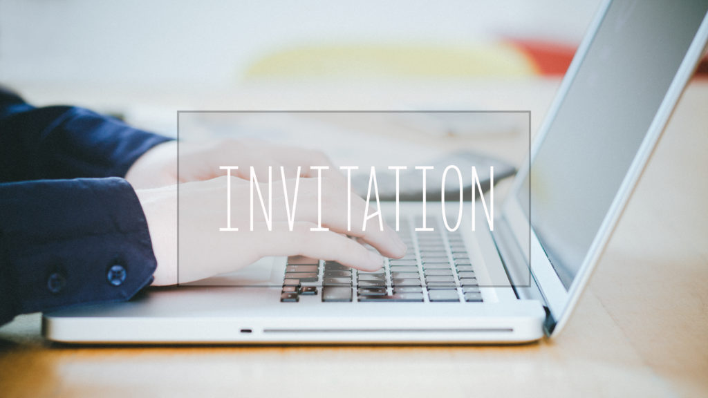 Invitation, text over young business man typing on laptop at desk in office environment