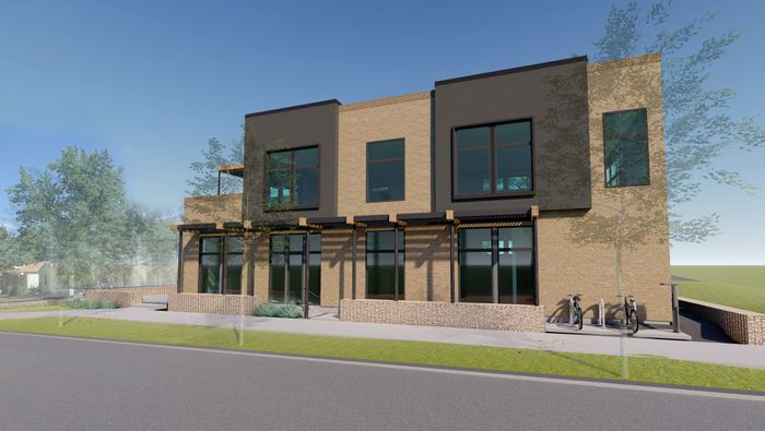 A mockup illustration of four town homes that are tan and modern