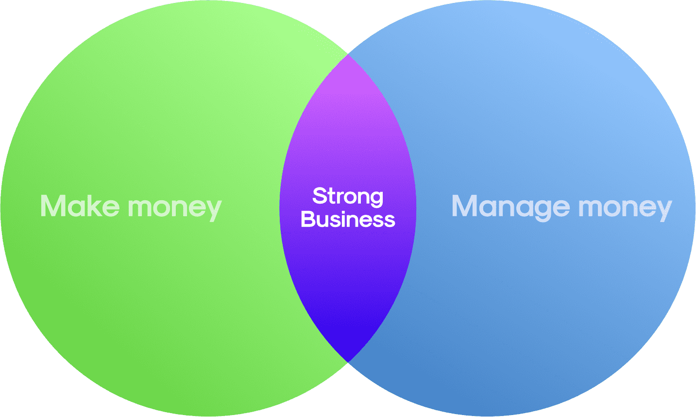 A Venn Diagram showing Strong Business equals make money plus Manage money