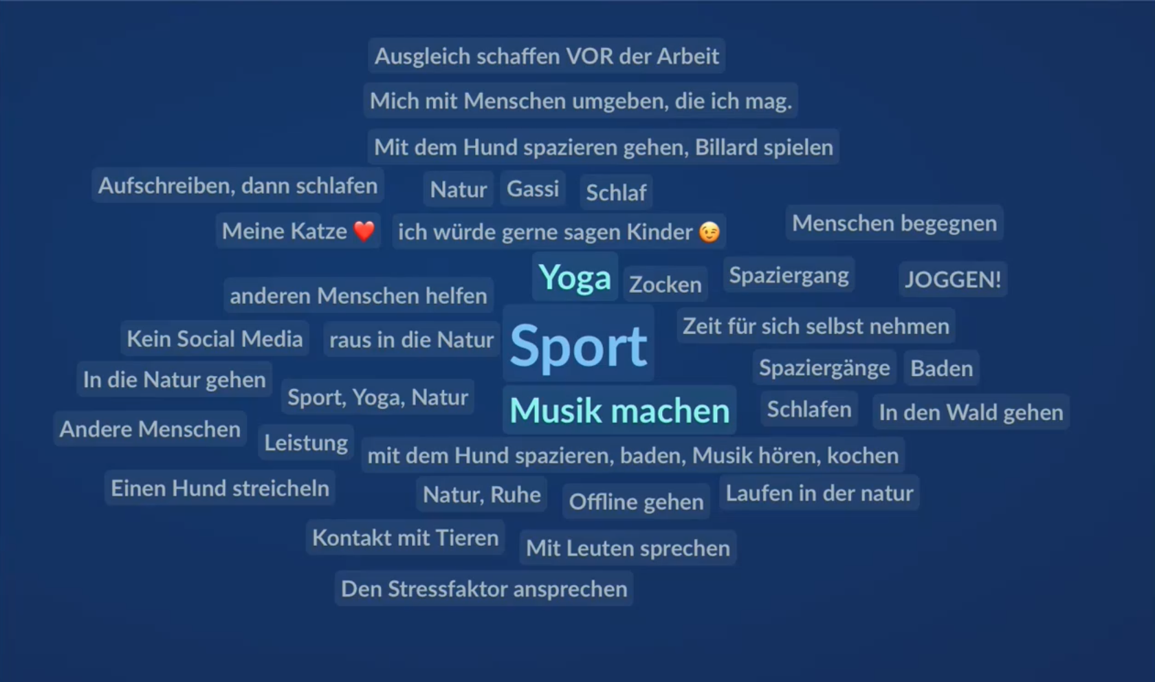 CAMAO-Antworten auf die Frage: Was hilft dir, mental abzuschalten? Sport, Musik machen und Natur sind ganz groß.