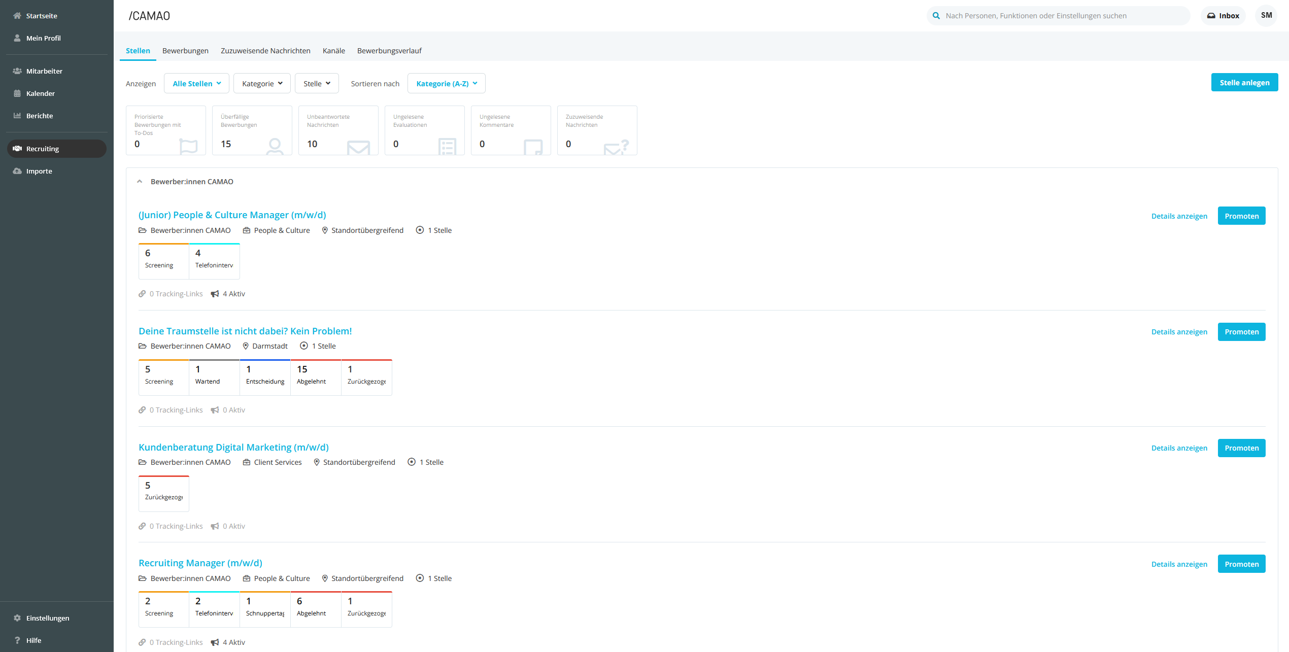 Screenshot des Recruiting Dashboards in Personio, wo die Bewerbungen gemanged werden