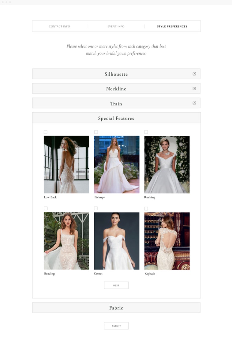 Bridal and Formal Web and UI Design