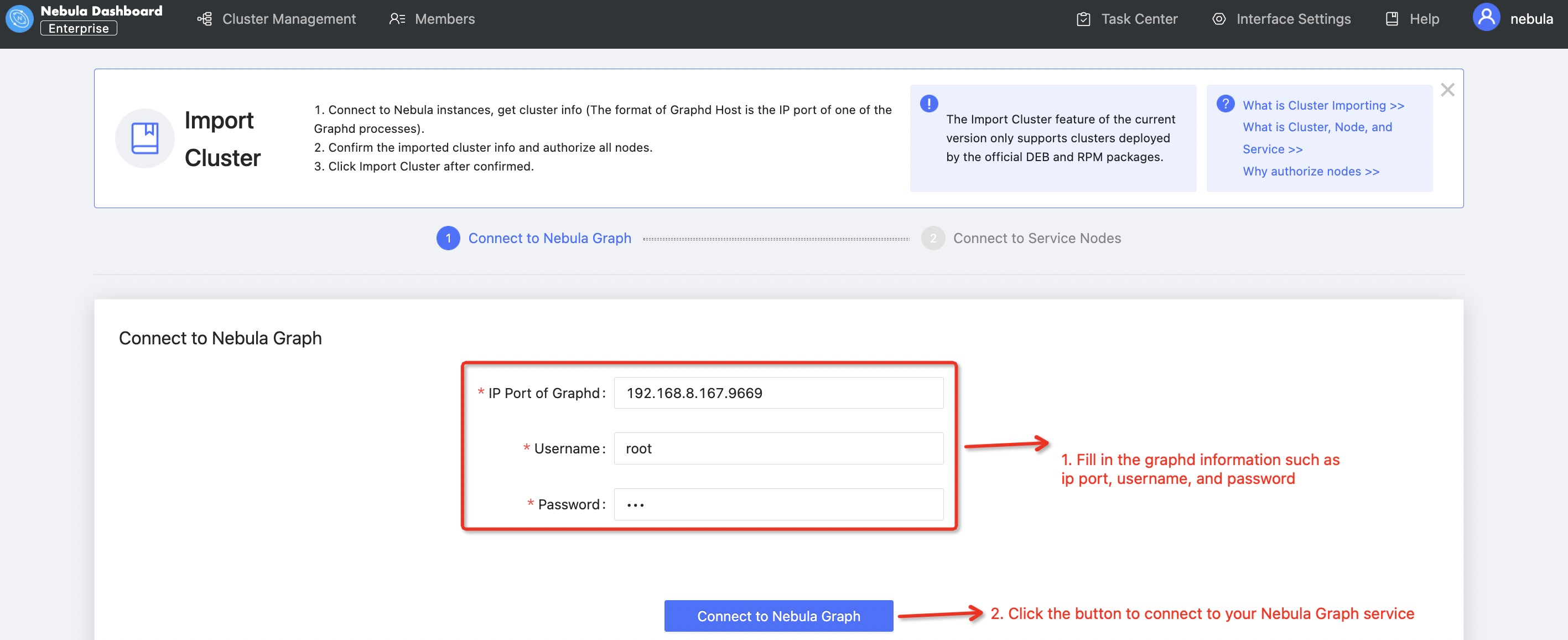 Importing a cluster into Nebula Dashboard
