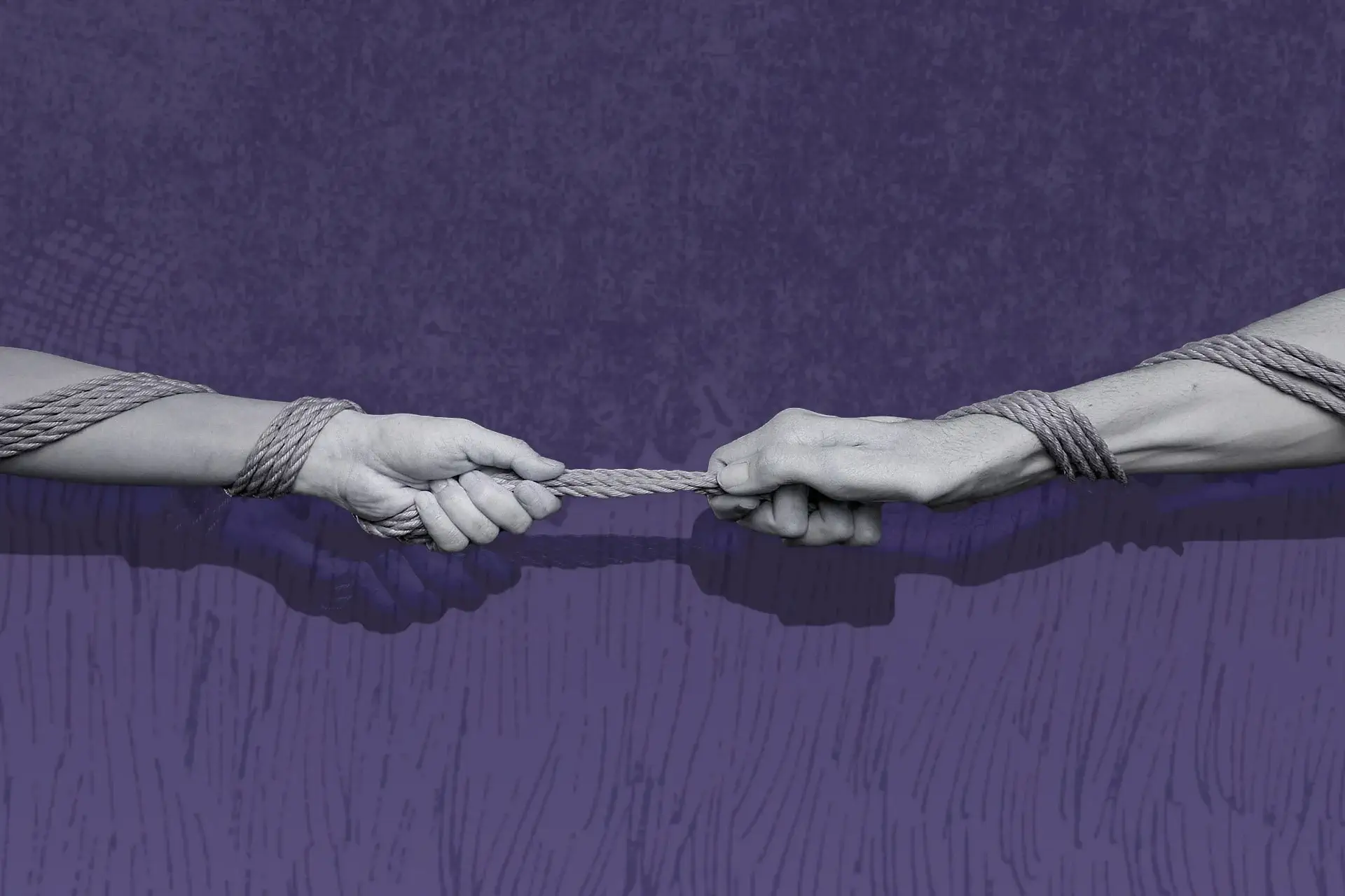 Two hands are connected by shibari rope against a purple background.