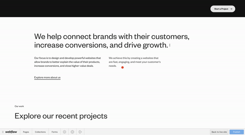 Gif that shows how editing content looks inside of Webflow Editor